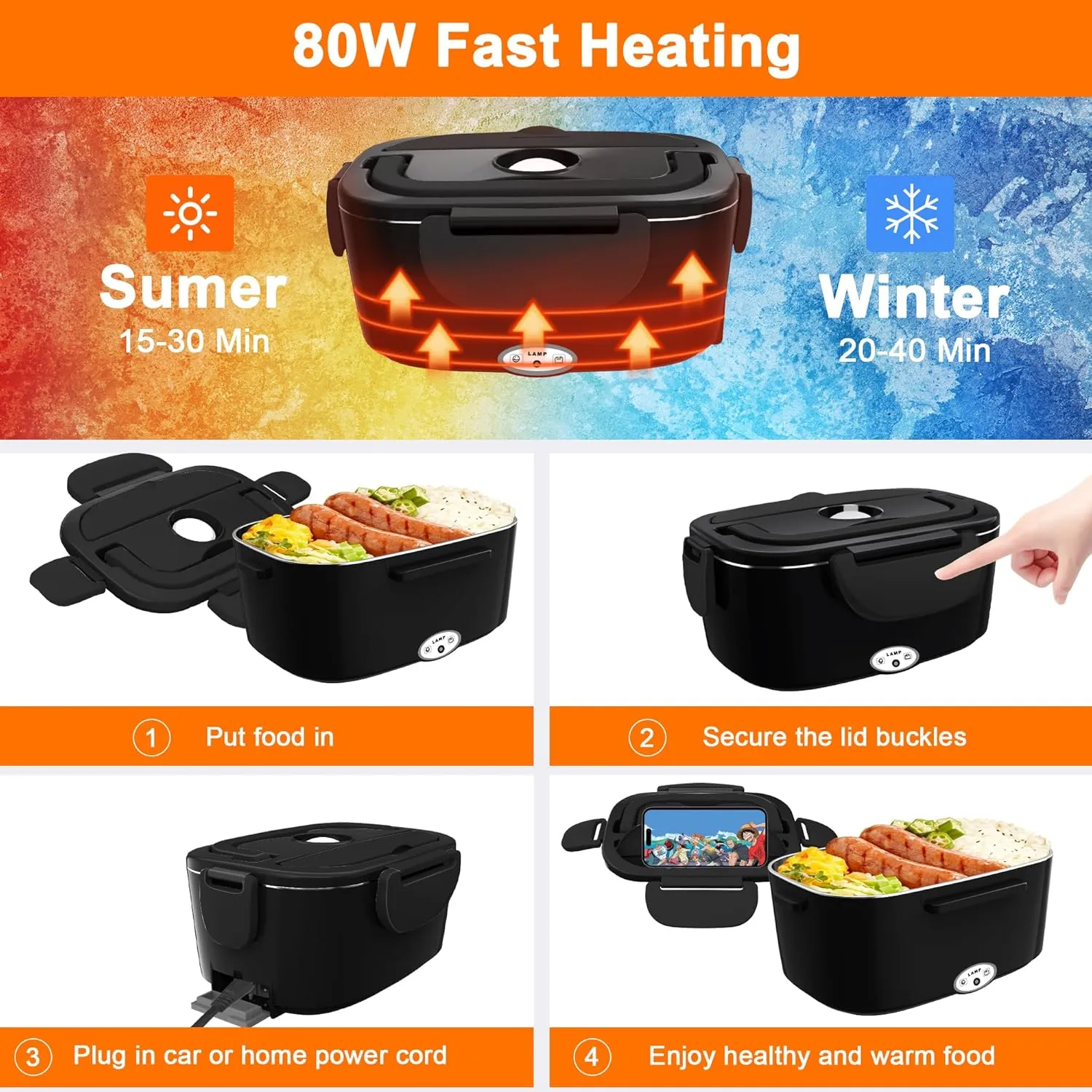 Electric Heated Lunch Boxes Adults: 80W Electric Lunch Box Food Heated 12/24/110V 1.5L Heatable Lunch Box for Car/Truck/Office Leak-Proof Stainless Steel Container,Fork & Spoon,Bag (Black)