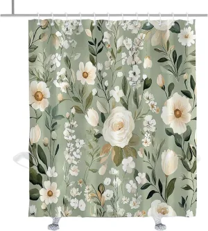 Elegant Floral Shower Curtain Boho Botanical Rose Luxury Shower Curtains Set Art Flower Rose Leaves Patterned Bathroom Decor Accessory with Hooks 72" W x 84" H