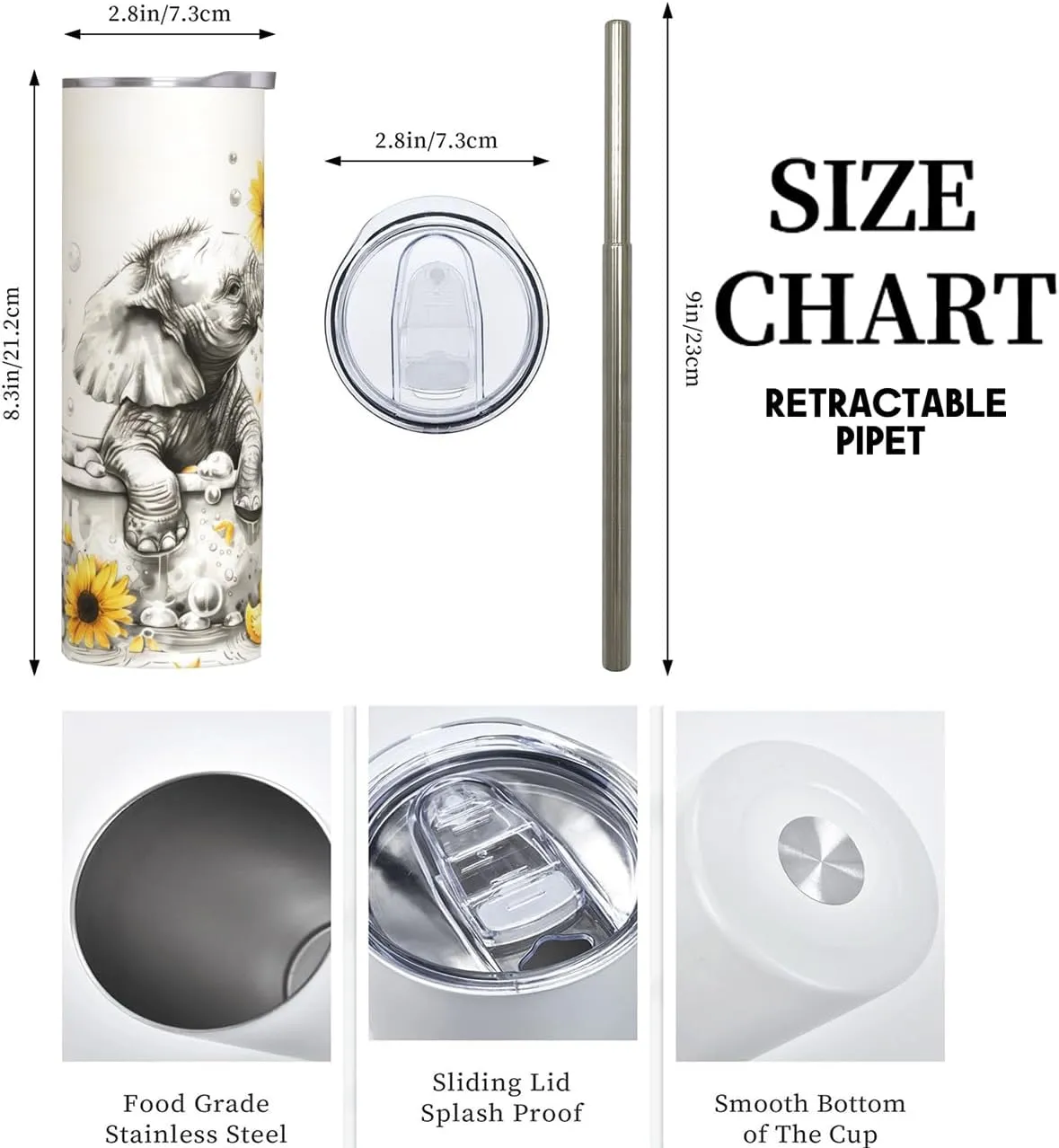 Elephant and Sunflower Stainless Steel Insulated Tumbler with Lid - 20oz Cute Bathtub Scene Travel Mug,Reusable Metal Straw & Brush, Double-Wall Vacuum Bottle Cup for Hot Cold Drinks Gifts