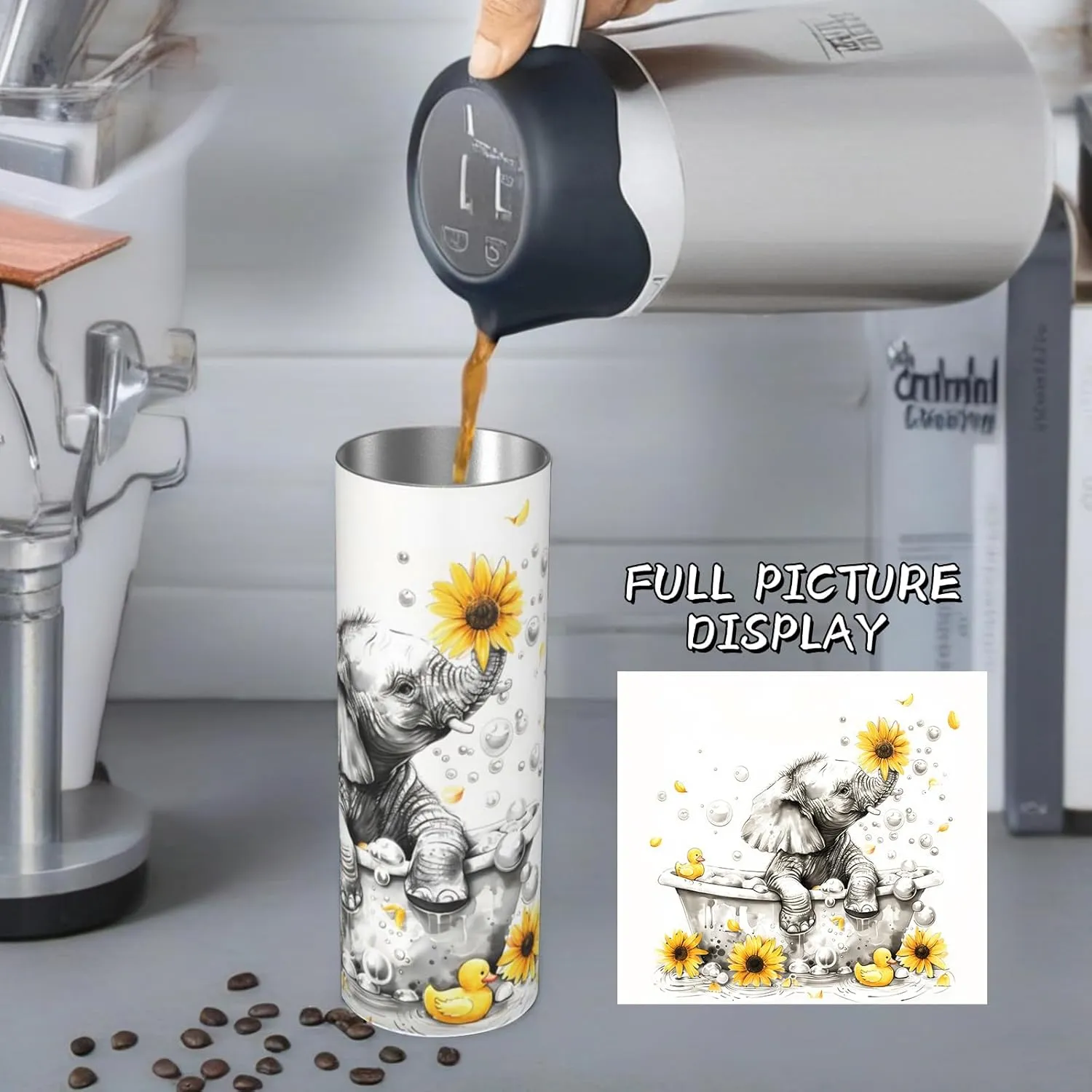 Elephant and Sunflower Stainless Steel Insulated Tumbler with Lid - 20oz Cute Bathtub Scene Travel Mug,Reusable Metal Straw & Brush, Double-Wall Vacuum Bottle Cup for Hot Cold Drinks Gifts