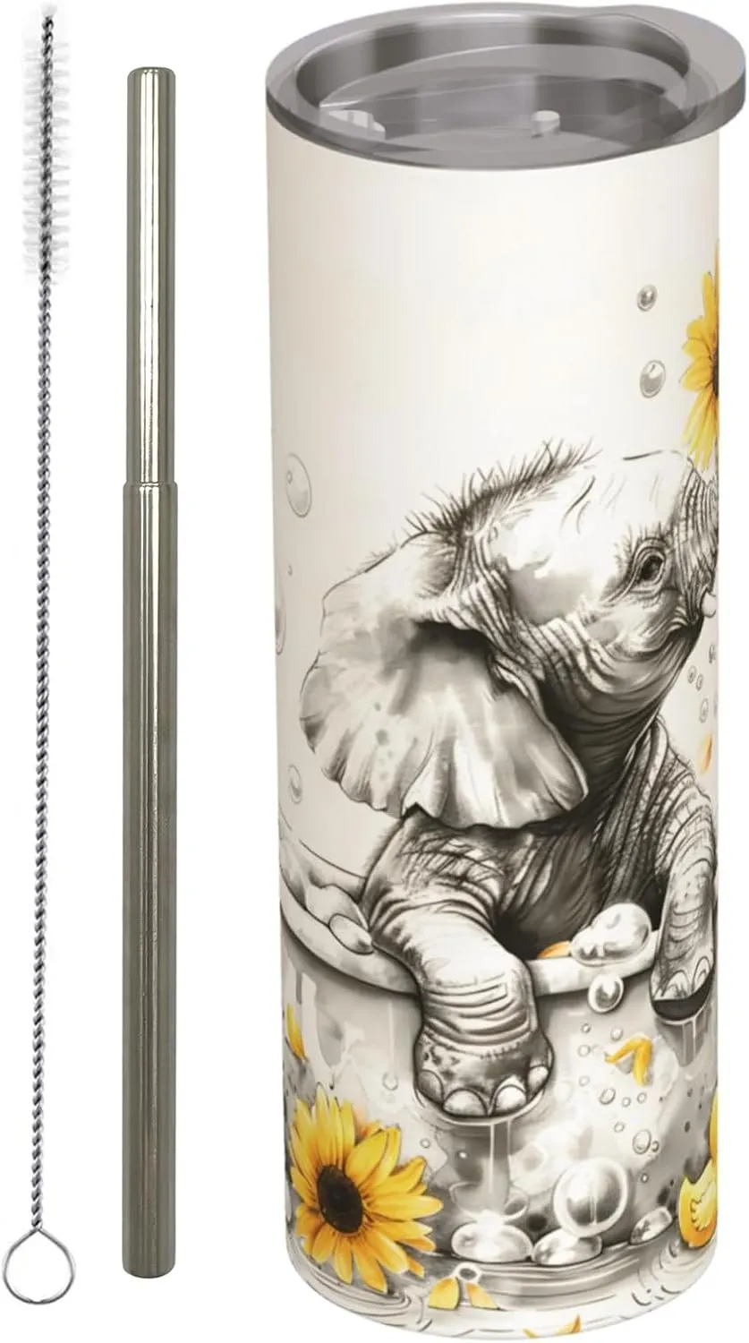 Elephant and Sunflower Stainless Steel Insulated Tumbler with Lid - 20oz Cute Bathtub Scene Travel Mug,Reusable Metal Straw & Brush, Double-Wall Vacuum Bottle Cup for Hot Cold Drinks Gifts