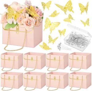 Engrowtic 144 Pcs Valentine‘s Day Paper Flower Gift Bag 3D Butterfly Decor Set Include 8 Bouquet Flower Box with Metal Chain 36 Gold Butterflies 100 Crystal Head Pins Wedding Birthday Party Gifts