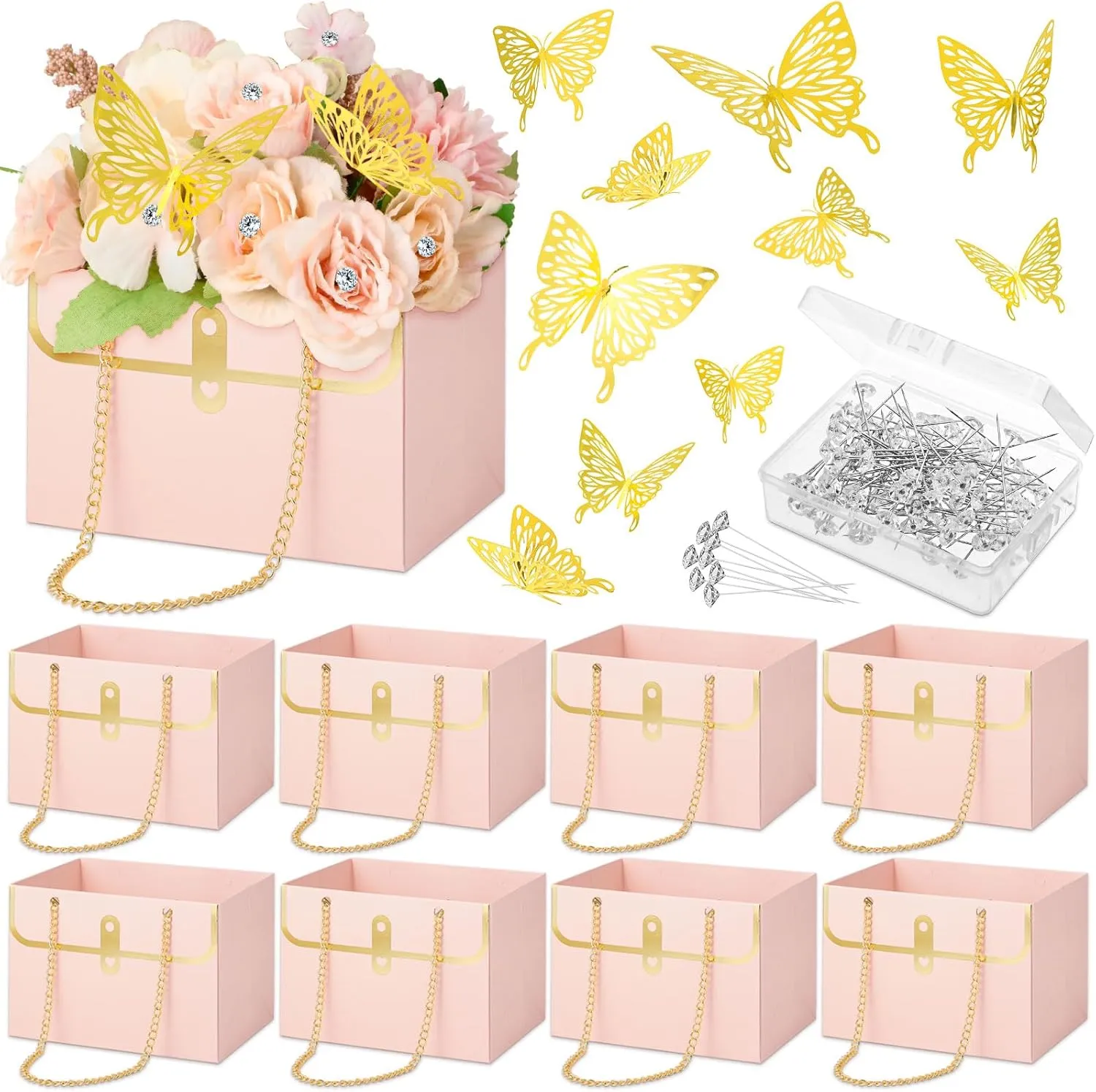 Engrowtic 144 Pcs Valentine‘s Day Paper Flower Gift Bag 3D Butterfly Decor Set Include 8 Bouquet Flower Box with Metal Chain 36 Gold Butterflies 100 Crystal Head Pins Wedding Birthday Party Gifts