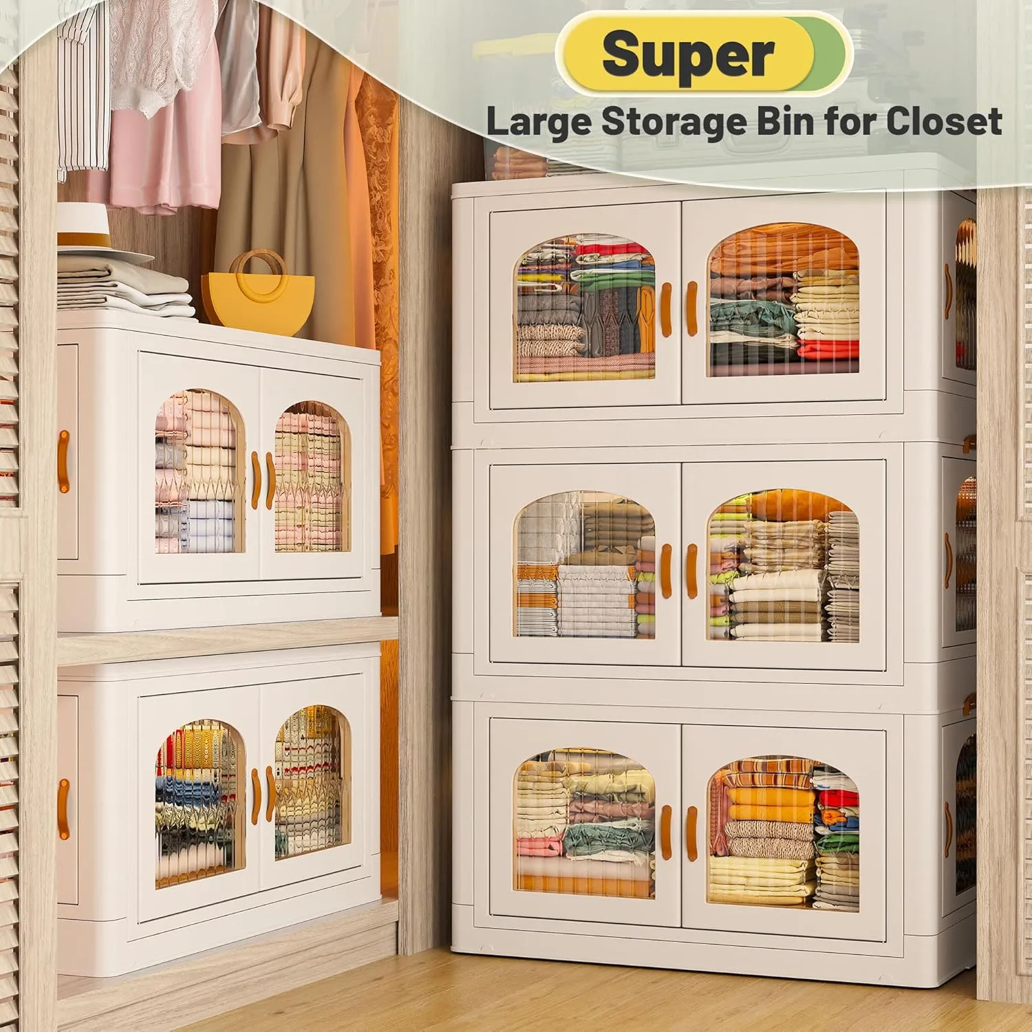 EnHomee 75GAL Stackable Storage Bins with Lids Closet Organizer and Storage Drawer, Collapsible Storage Box with Wheels, Plastic Clothes Storage Cabinet Containers for Home Organization,3 Pack