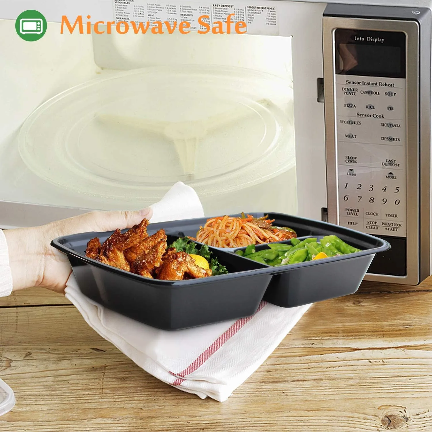 Enther Meal Prep Containers with Lids 20 Pack 3 Compartment Food Storage Bento Lunch Box BPA Free, Reusable, Microwave/Dishwasher/Freezer Safe, 24oz Black Small