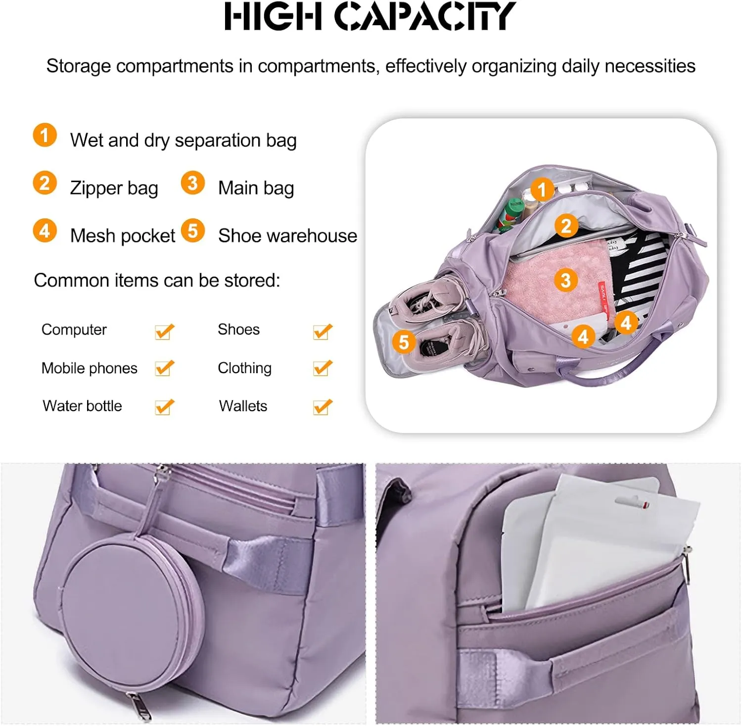 Ergocar Travel Duffel Bags Women, Large Capacity Men Travel Totes with Shoe Bag, Fashion Waterproof Sports Gym Tote Bag, Carry on Bag Weekender Overnight Bag, Grey