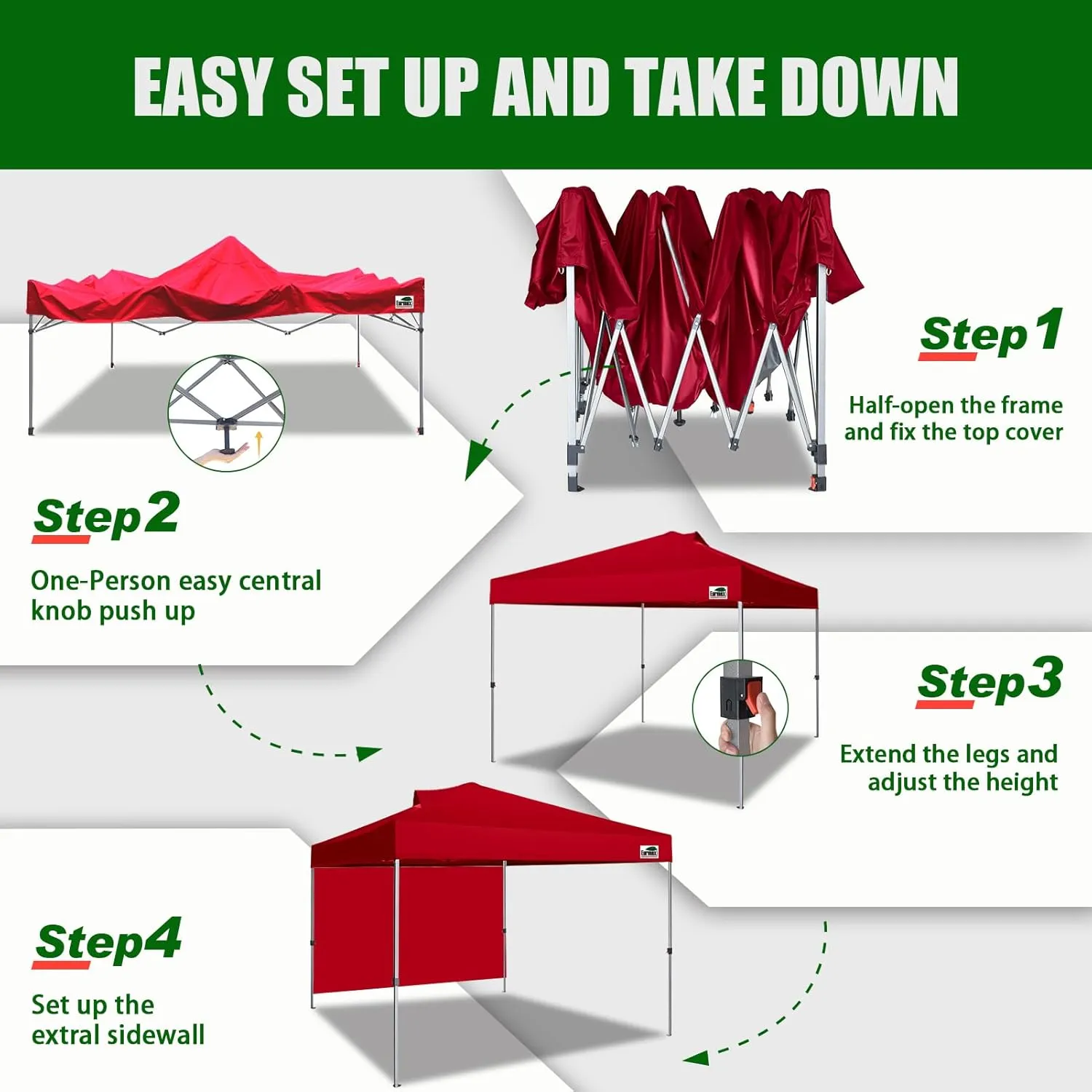 Eurmax USA NOMATTER ONE-Person Open&Close 10x10ft Pop Up Canopy Tent,Portable Shelter Canopy for Outdoor Events with 1 Removable Sidewall,Instant Canopies,Temporary Sunshade,Bonus 4 Sand Bags(Red)