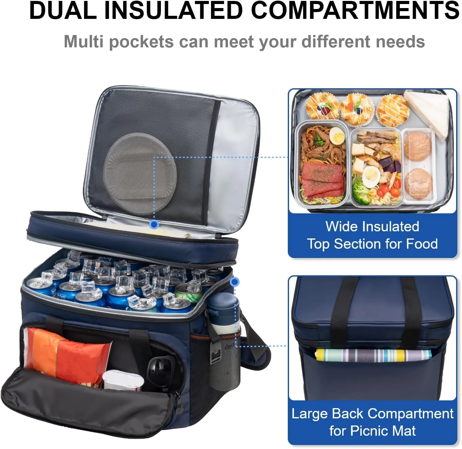 EVERFUN Large Soft Cooler Bag Travel Beach Insulated Cooler for Men 48 Can Dual Compartments Collapsible Waterproof Leak-Proof for Camping Picnic, Navy
