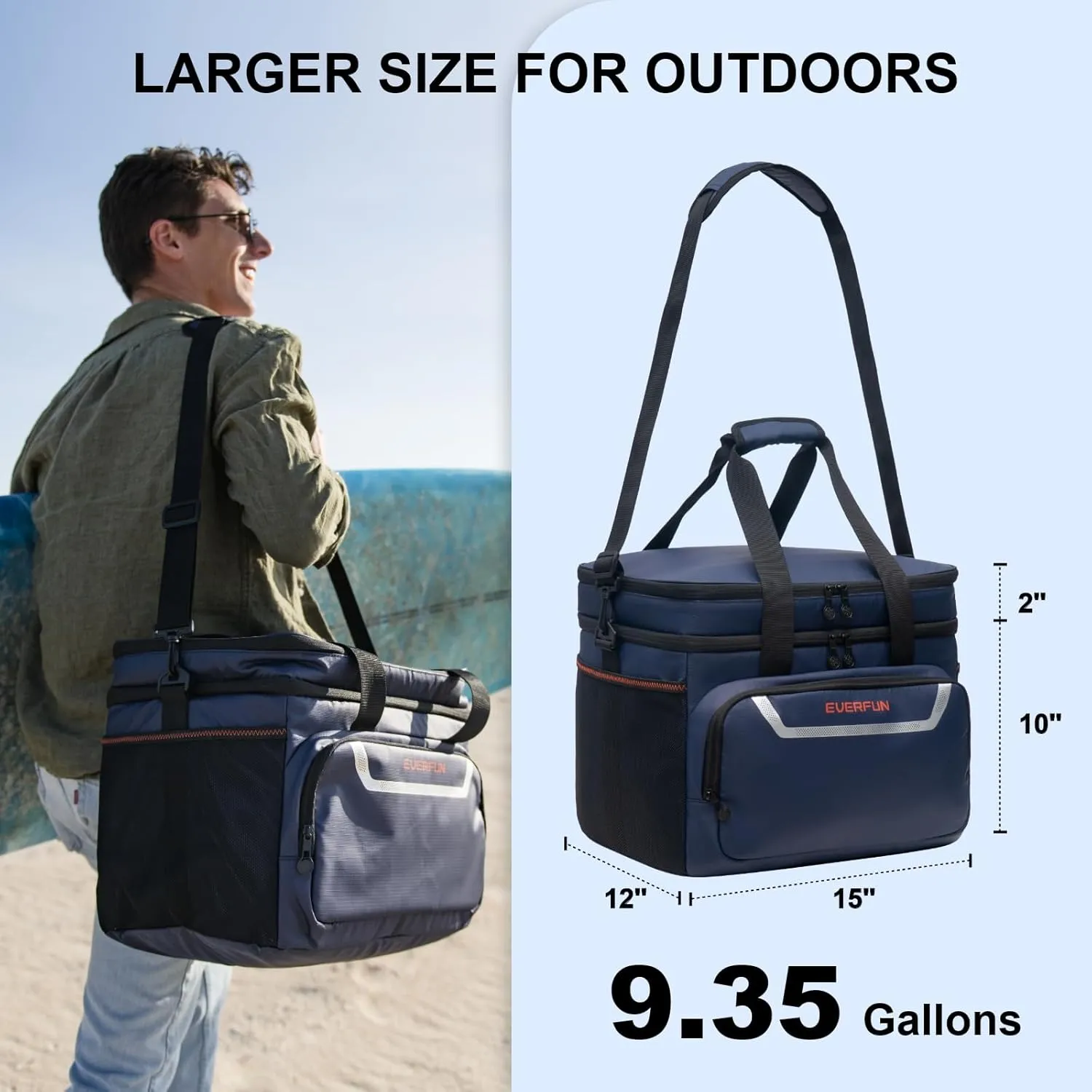 EVERFUN Large Soft Cooler Bag Travel Beach Insulated Cooler for Men 48 Can Dual Compartments Collapsible Waterproof Leak-Proof for Camping Picnic, Navy
