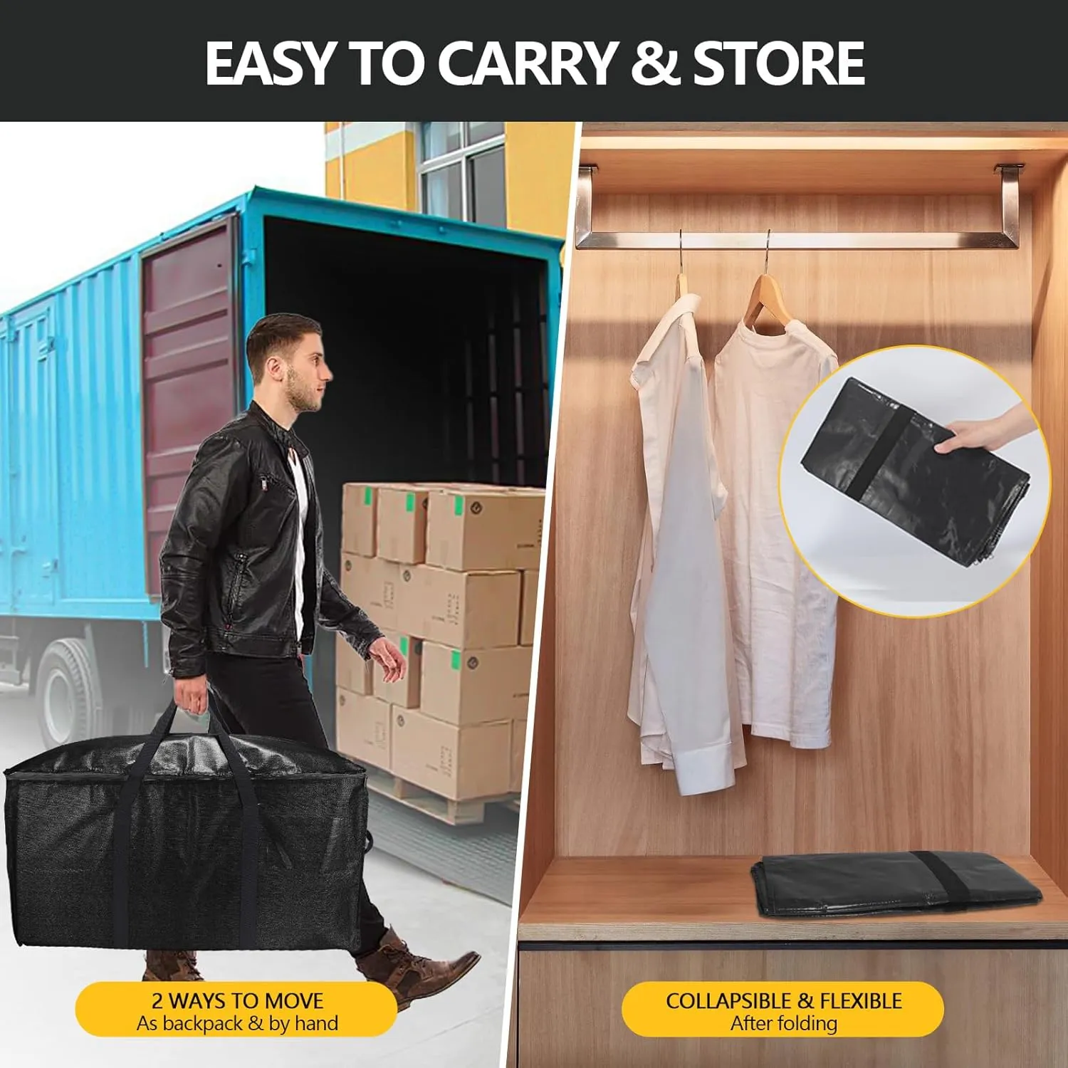 Extra Large Storage Bags Set Heavy Duty Moving Totes with Handles, Waterproof Dual-Way Carrying Design Durable Storage Totes for Space-Saving Moves, (Black, 18 Park-8 Moving bag & 10 Vacuum Seal Bags)