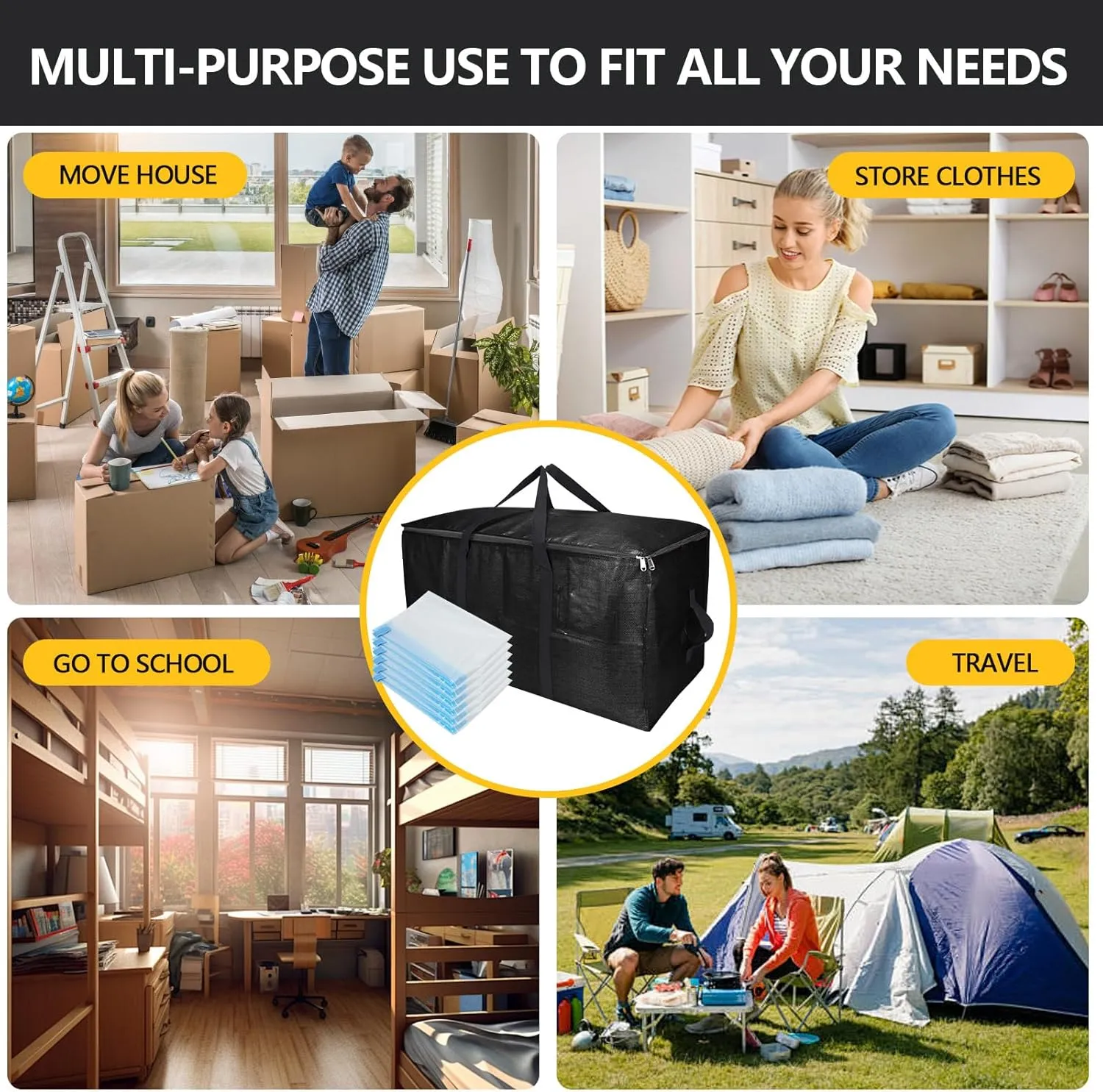 Extra Large Storage Bags Set Heavy Duty Moving Totes with Handles, Waterproof Dual-Way Carrying Design Durable Storage Totes for Space-Saving Moves, (Black, 18 Park-8 Moving bag & 10 Vacuum Seal Bags)