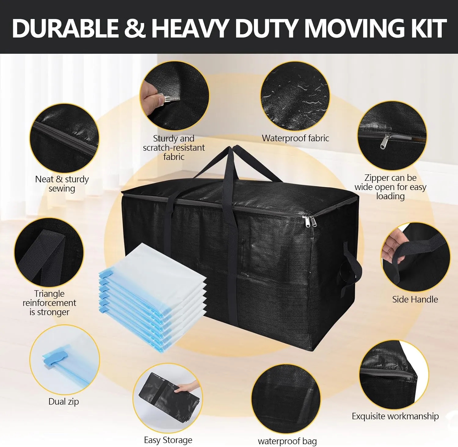 Extra Large Storage Bags Set Heavy Duty Moving Totes with Handles, Waterproof Dual-Way Carrying Design Durable Storage Totes for Space-Saving Moves, (Black, 18 Park-8 Moving bag & 10 Vacuum Seal Bags)