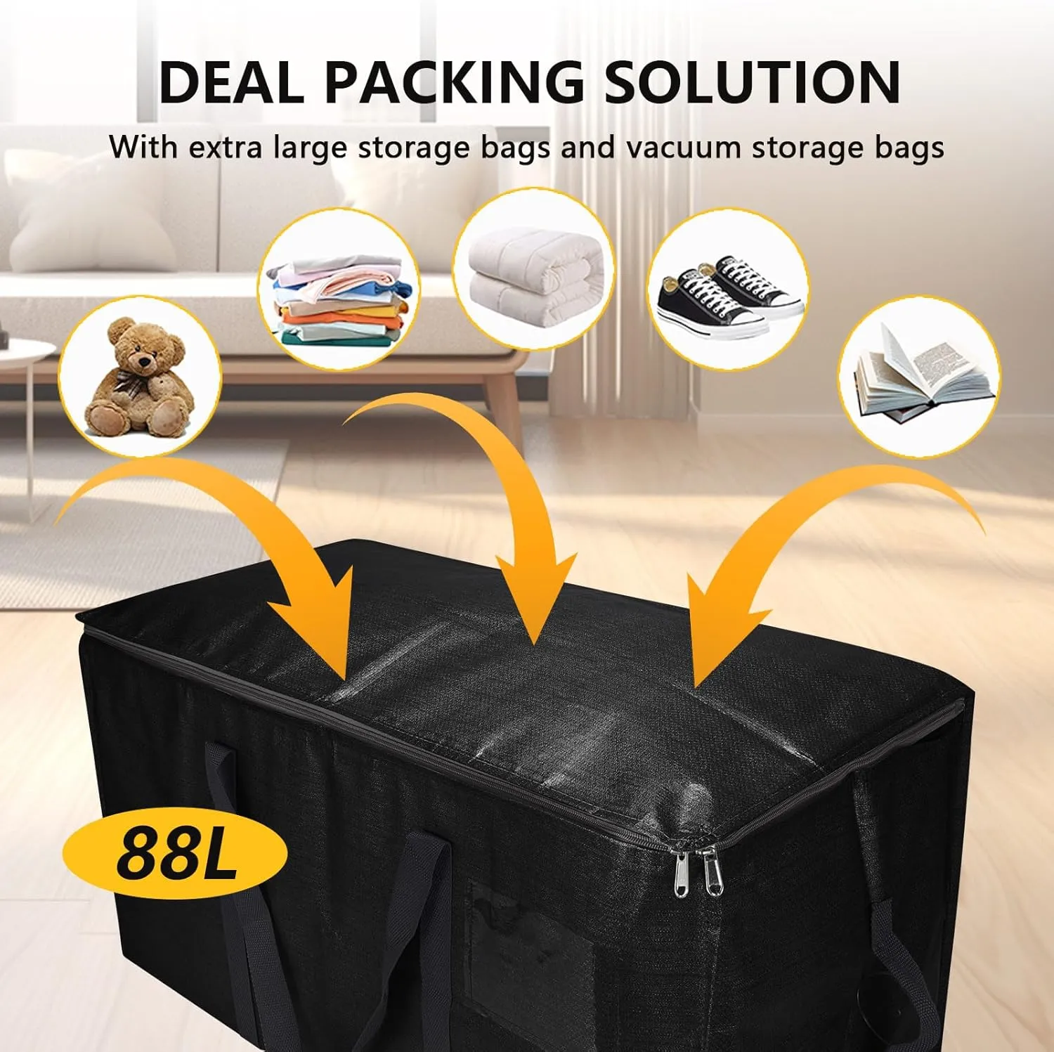 Extra Large Storage Bags Set Heavy Duty Moving Totes with Handles, Waterproof Dual-Way Carrying Design Durable Storage Totes for Space-Saving Moves, (Black, 18 Park-8 Moving bag & 10 Vacuum Seal Bags)