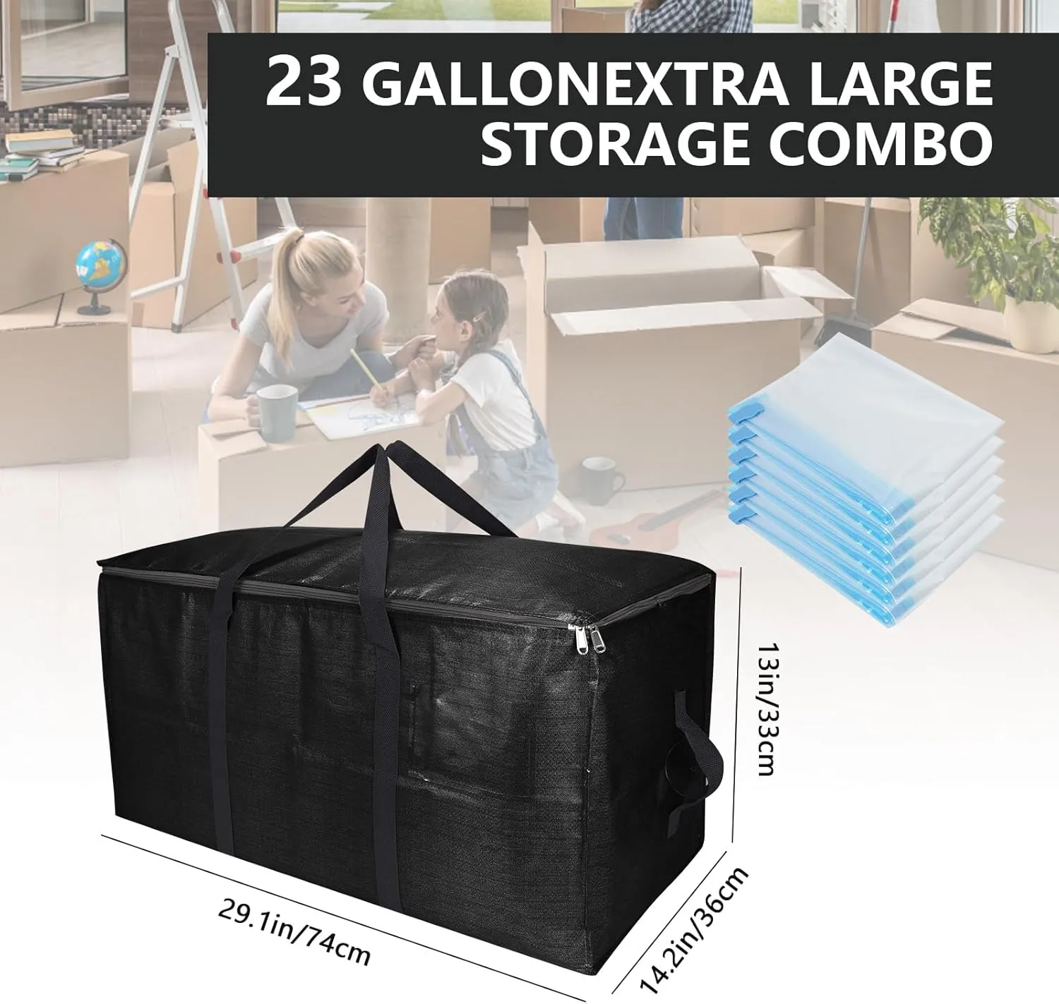 Extra Large Storage Bags Set Heavy Duty Moving Totes with Handles, Waterproof Dual-Way Carrying Design Durable Storage Totes for Space-Saving Moves, (Black, 18 Park-8 Moving bag & 10 Vacuum Seal Bags)