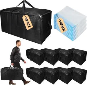 Extra Large Storage Bags Set Heavy Duty Moving Totes with Handles, Waterproof Dual-Way Carrying Design Durable Storage Totes for Space-Saving Moves, (Black, 18 Park-8 Moving bag & 10 Vacuum Seal Bags)