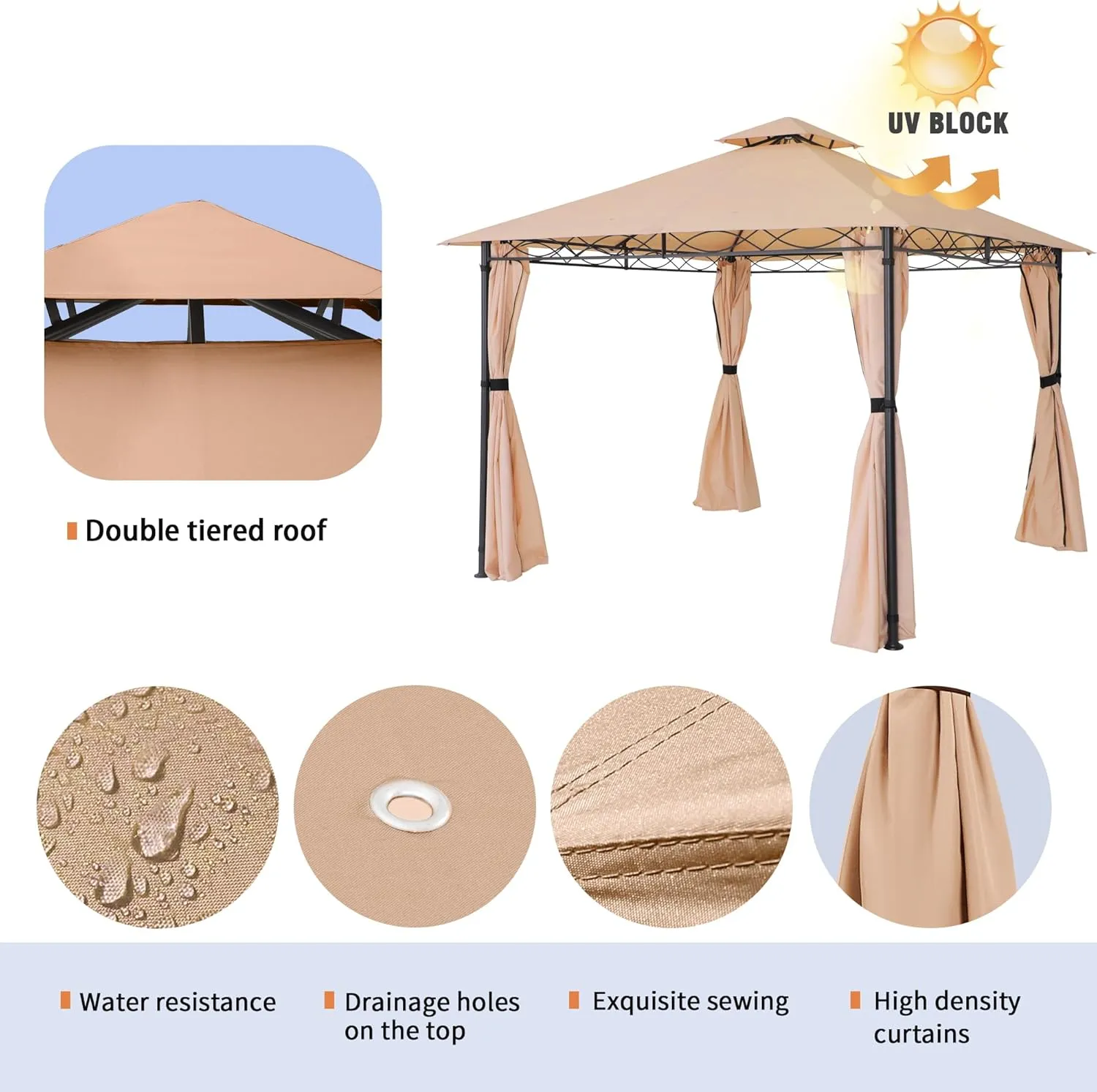 FAB BASED 10'x10' Gazebo for Patios, Double Vent Outdoor Canopy with Curtains & Sand Bag, Outside Patio Tent with Wavy Lines Decorative for Backyard (Khaki)
