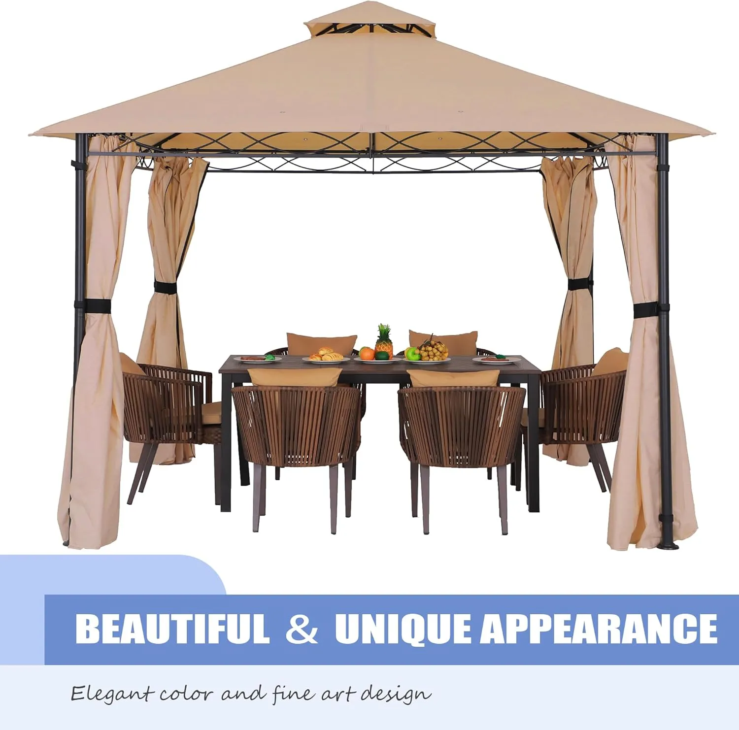 FAB BASED 10'x10' Gazebo for Patios, Double Vent Outdoor Canopy with Curtains & Sand Bag, Outside Patio Tent with Wavy Lines Decorative for Backyard (Khaki)