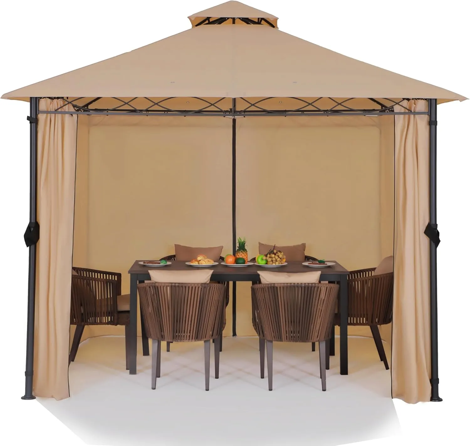 FAB BASED 10'x10' Gazebo for Patios, Double Vent Outdoor Canopy with Curtains & Sand Bag, Outside Patio Tent with Wavy Lines Decorative for Backyard (Khaki)