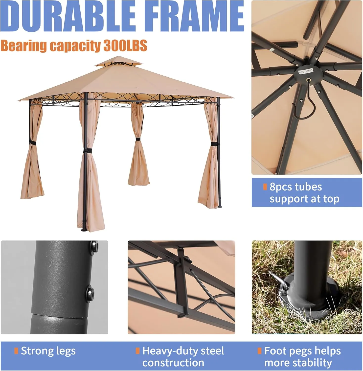 FAB BASED 10'x10' Gazebo for Patios, Double Vent Outdoor Canopy with Curtains & Sand Bag, Outside Patio Tent with Wavy Lines Decorative for Backyard (Khaki)