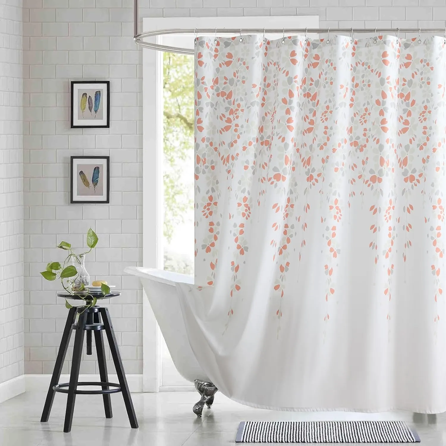 Fabric Floral Shower Curtain, Orange and Gray Weeping Flower Shower Curtains for Bathroom, Modern White Bathroom Curtains, 72" W x 72" H