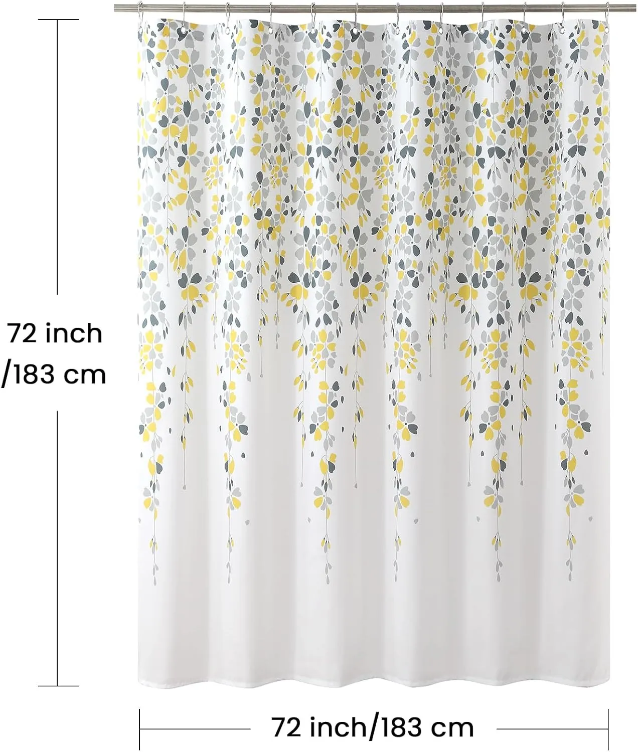 Fabric Floral Shower Curtain, Yellow and Gray Flower Shower Curtains for Bathroom, Waterproof Bathroom Curtains, 72" W x 72" H