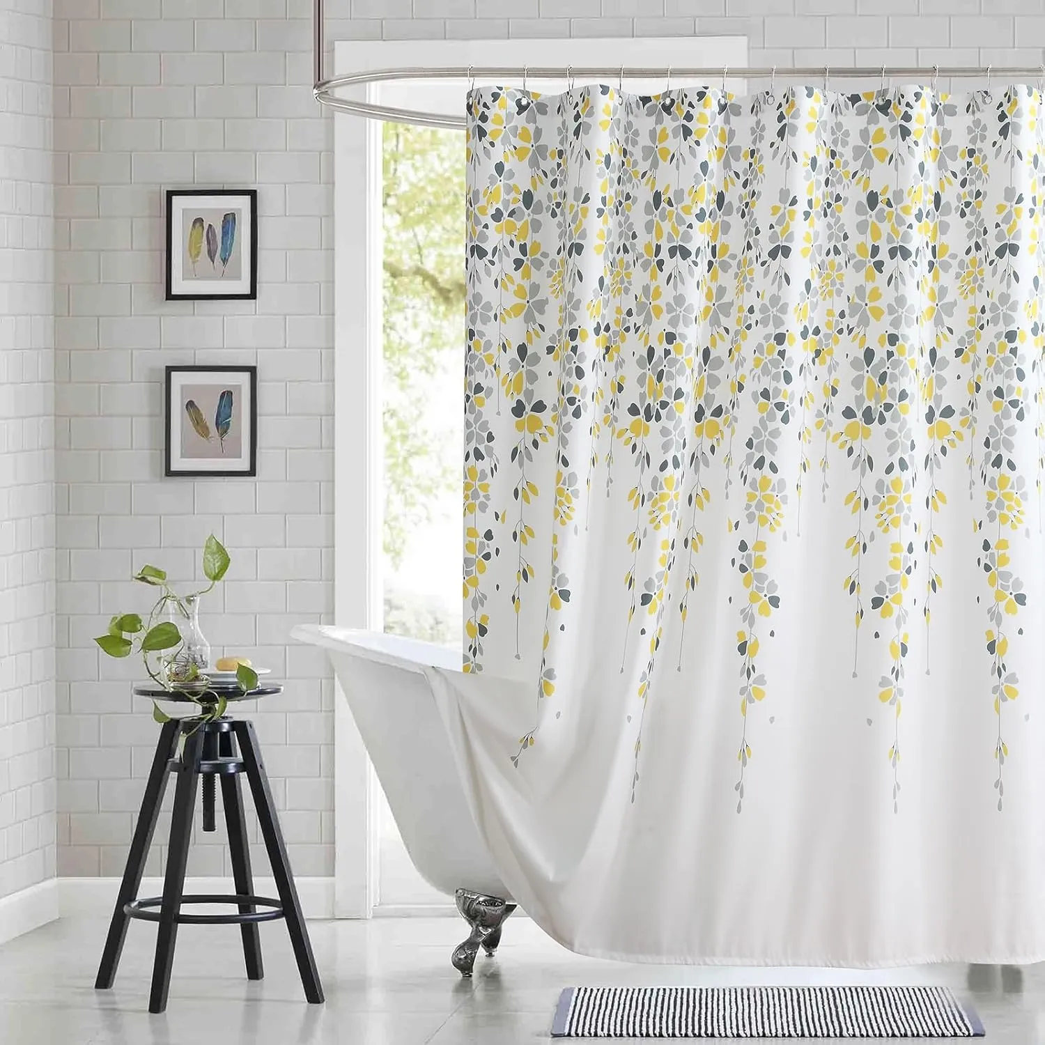 Fabric Floral Shower Curtain, Yellow and Gray Flower Shower Curtains for Bathroom, Waterproof Bathroom Curtains, 72" W x 72" H