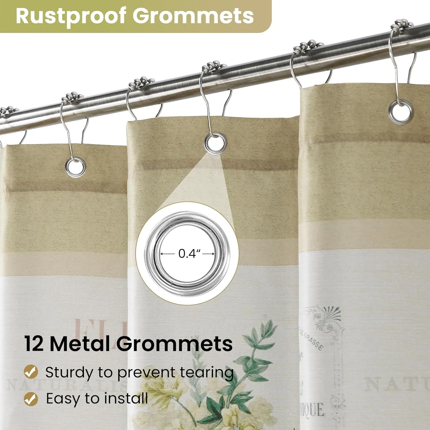 Fabric Shower Curtain, Country Vintage Floral Shower Curtain, Gold and Green Flower Shower Curtains for Bathroom, Waterproof Bathroom Curtains, 72" W x 72" H