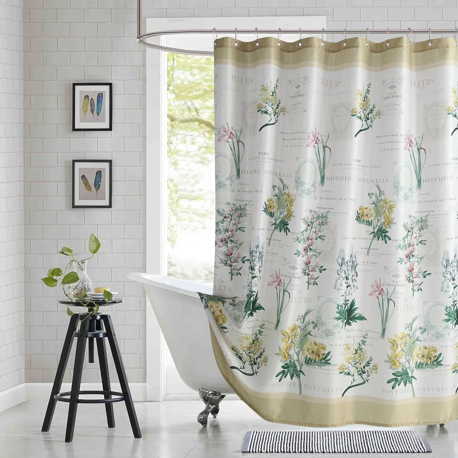 Fabric Shower Curtain, Country Vintage Floral Shower Curtain, Gold and Green Flower Shower Curtains for Bathroom, Waterproof Bathroom Curtains, 72" W x 72" H