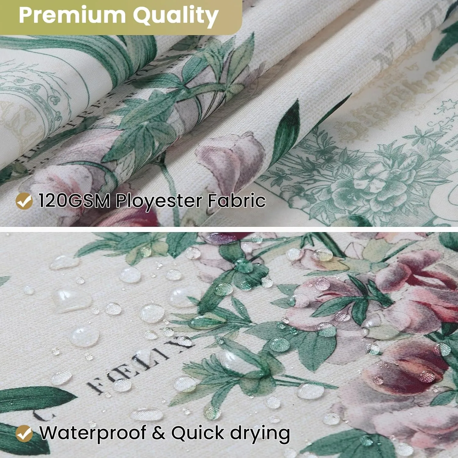 Fabric Shower Curtain, Country Vintage Floral Shower Curtain, Gold and Green Flower Shower Curtains for Bathroom, Waterproof Bathroom Curtains, 72" W x 72" H
