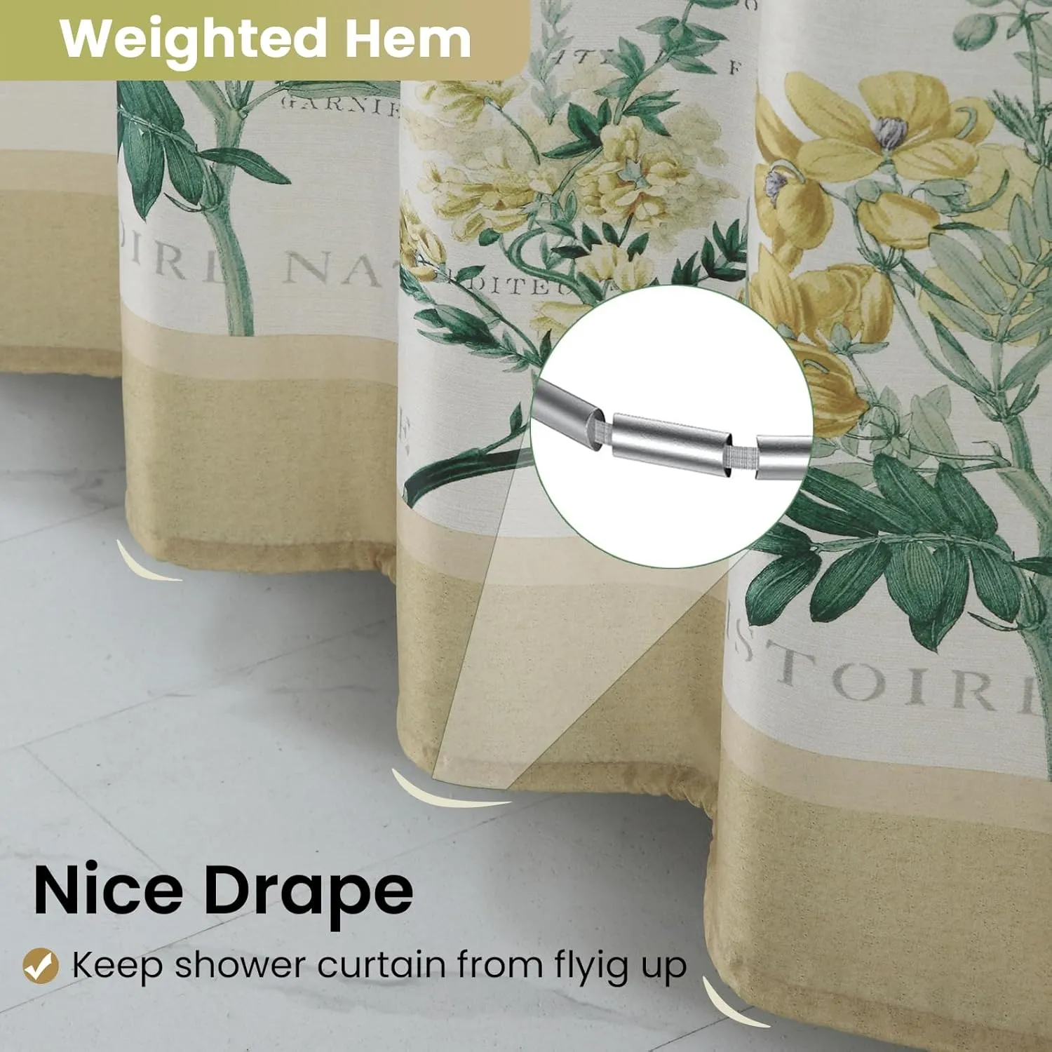 Fabric Shower Curtain, Country Vintage Floral Shower Curtain, Gold and Green Flower Shower Curtains for Bathroom, Waterproof Bathroom Curtains, 72" W x 72" H
