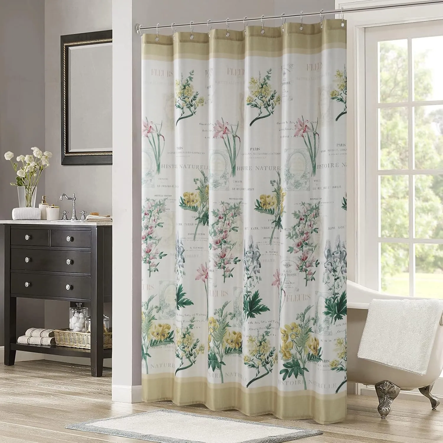 Fabric Shower Curtain, Country Vintage Floral Shower Curtain, Gold and Green Flower Shower Curtains for Bathroom, Waterproof Bathroom Curtains, 72" W x 72" H