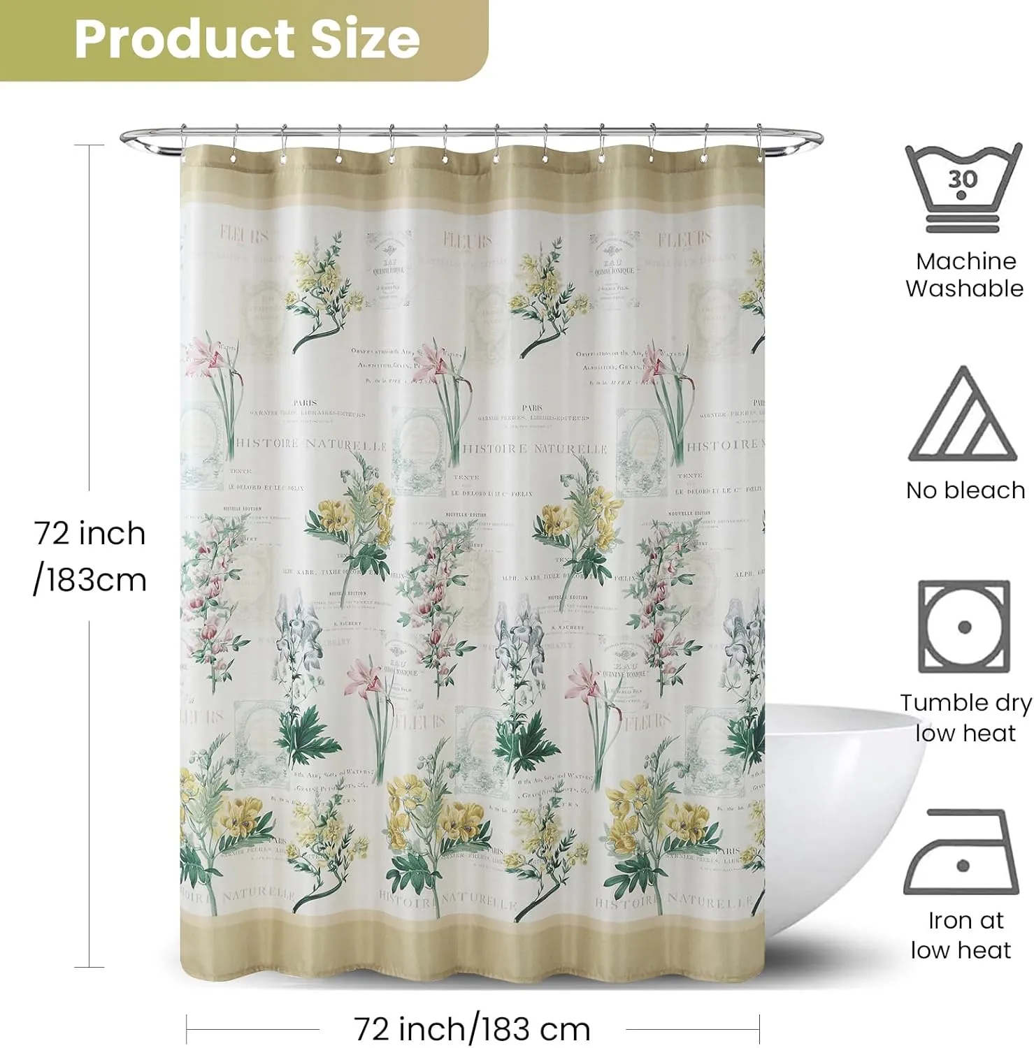 Fabric Shower Curtain, Country Vintage Floral Shower Curtain, Gold and Green Flower Shower Curtains for Bathroom, Waterproof Bathroom Curtains, 72" W x 72" H