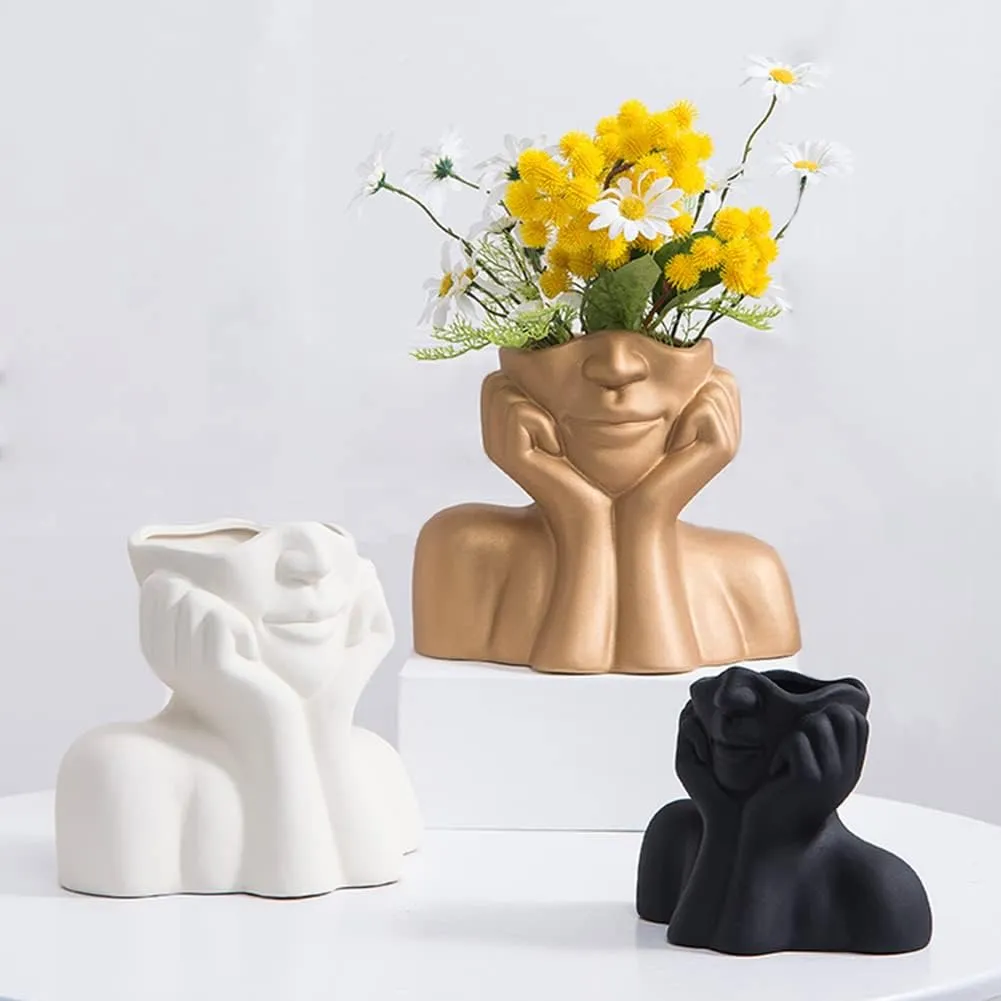 Face Vase Golden Flower Vase Head Vase Ceramic Vases for Home Decor Figurines Bud Vase Boho Vase Modern Sculpture Art Decorations for Living Room Bedroom Centerpiece Table Wedding Small