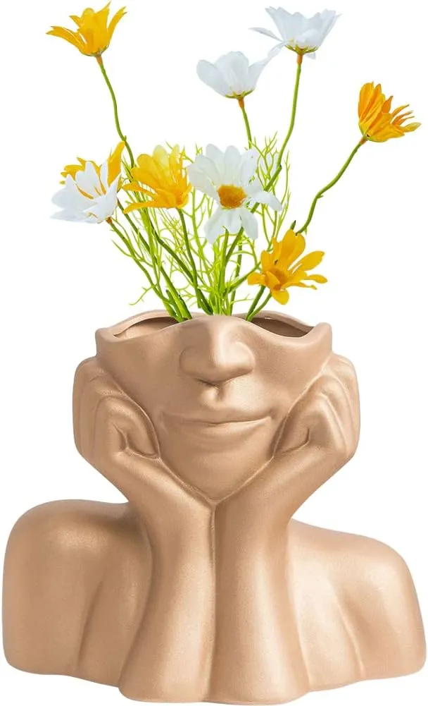 Face Vase Golden Flower Vase Head Vase Ceramic Vases for Home Decor Figurines Bud Vase Boho Vase Modern Sculpture Art Decorations for Living Room Bedroom Centerpiece Table Wedding Small