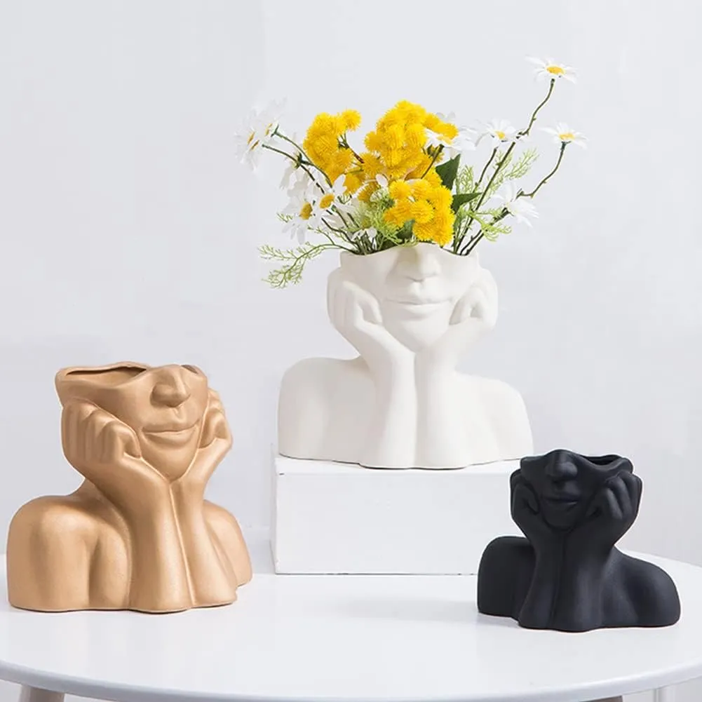 Face Vase Golden Flower Vase Head Vase Ceramic Vases for Home Decor Figurines Bud Vase Boho Vase Modern Sculpture Art Decorations for Living Room Bedroom Centerpiece Table Wedding Small