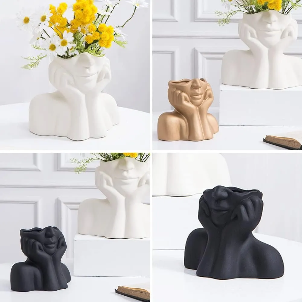 Face Vase Golden Flower Vase Head Vase Ceramic Vases for Home Decor Figurines Bud Vase Boho Vase Modern Sculpture Art Decorations for Living Room Bedroom Centerpiece Table Wedding Small