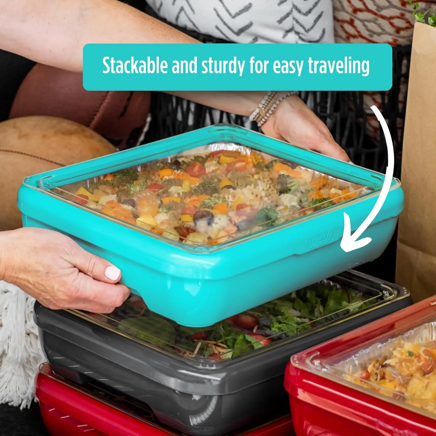 Fancy Panz Classic, Serving Tray for Food, Made in the USA Foil Pan Carrier, Stackable Aluminum Pan Holders with Clear Lid, Travel Casserole Carrier With 1 Disposable Foil Pan & Serving Spoon, Aqua