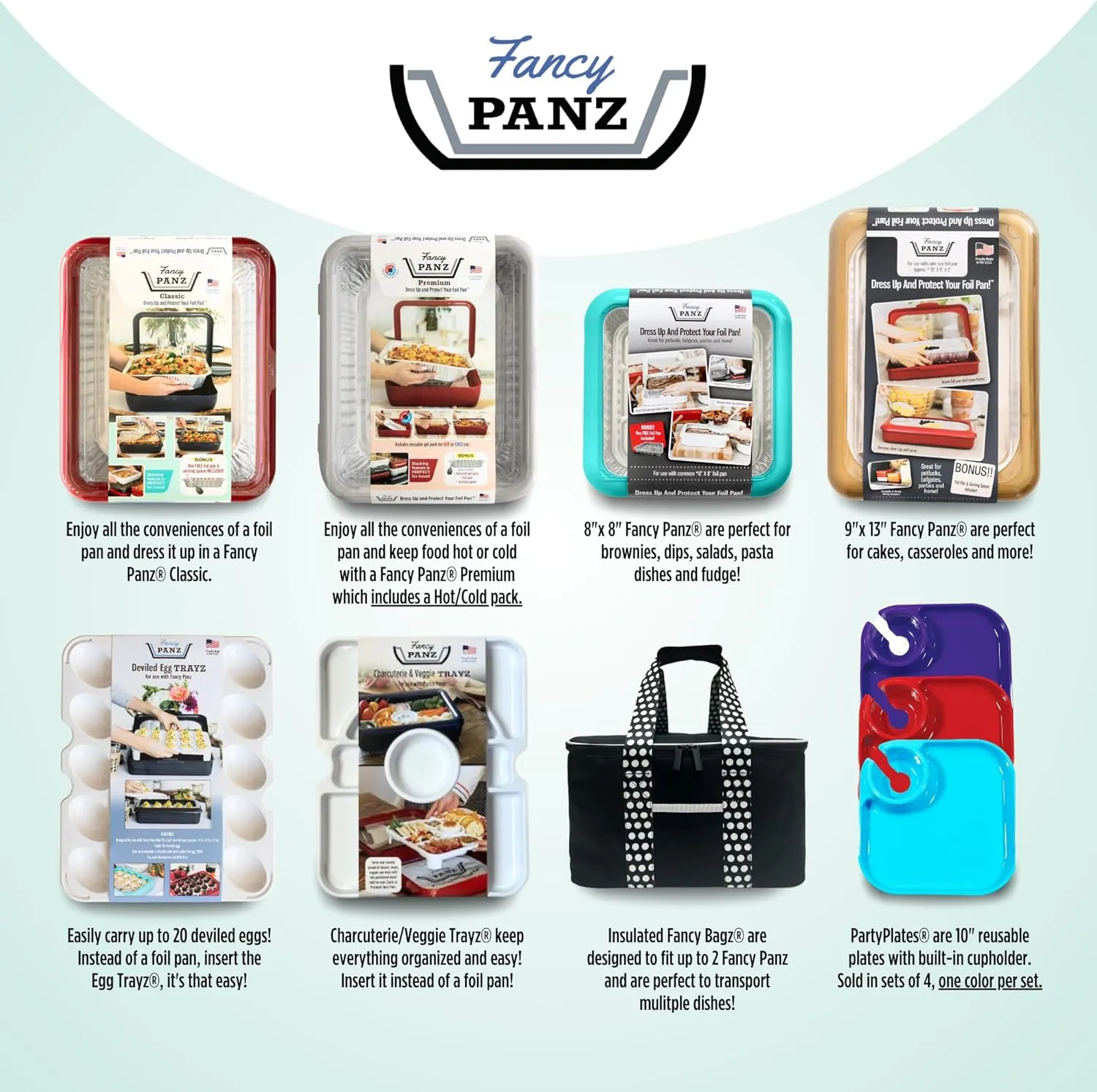 Fancy Panz Classic, Serving Tray for Food, Made in the USA Foil Pan Carrier, Stackable Aluminum Pan Holders with Clear Lid, Travel Casserole Carrier With 1 Disposable Foil Pan & Serving Spoon, Aqua