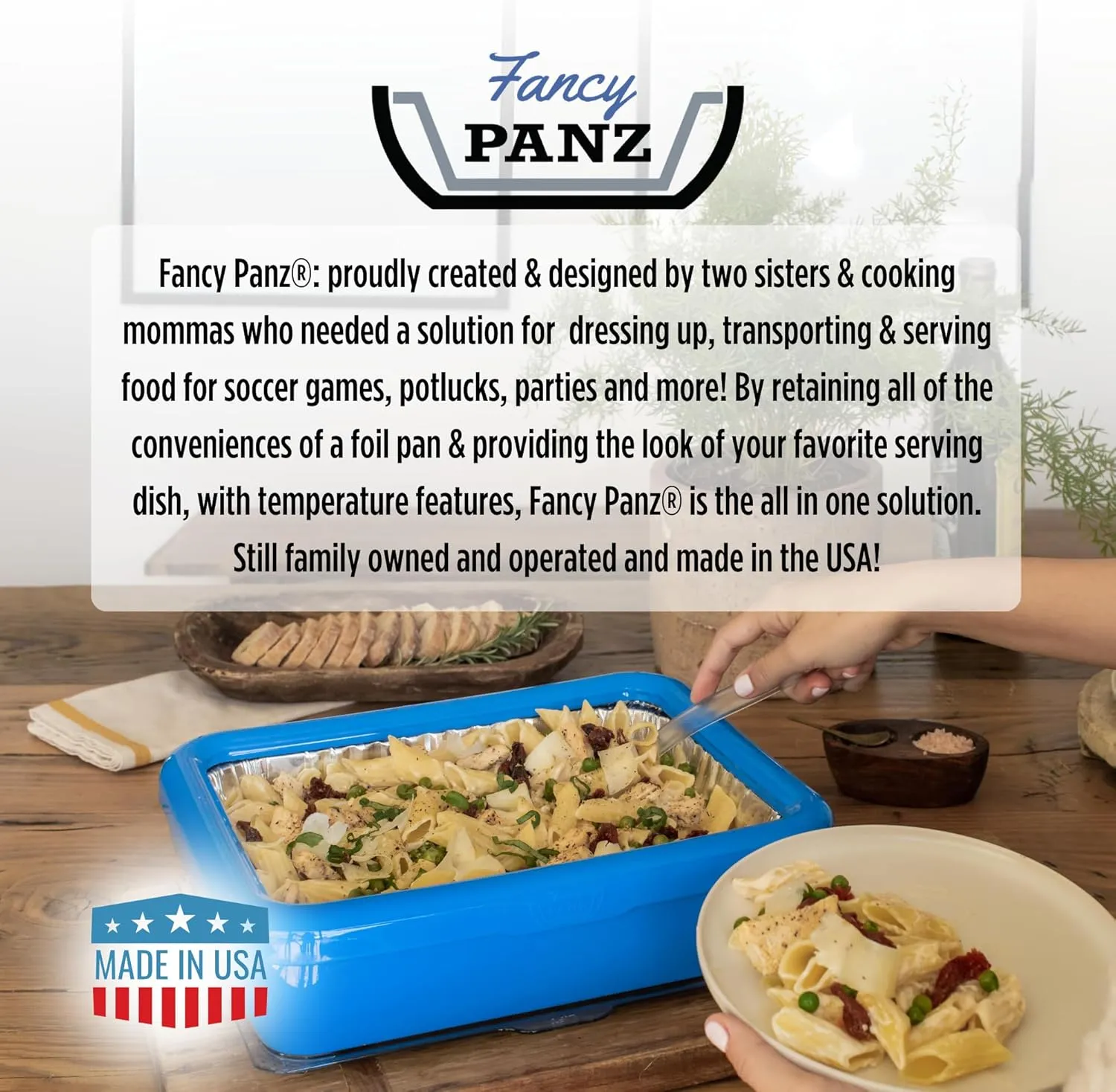 Fancy Panz Classic, Serving Tray for Food, Made in the USA Foil Pan Carrier, Stackable Aluminum Pan Holders with Clear Lid, Travel Casserole Carrier With 1 Disposable Foil Pan & Serving Spoon, Aqua