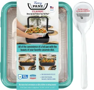 Fancy Panz Classic, Serving Tray for Food, Made in the USA Foil Pan Carrier, Stackable Aluminum Pan Holders with Clear Lid, Travel Casserole Carrier With 1 Disposable Foil Pan & Serving Spoon, Aqua