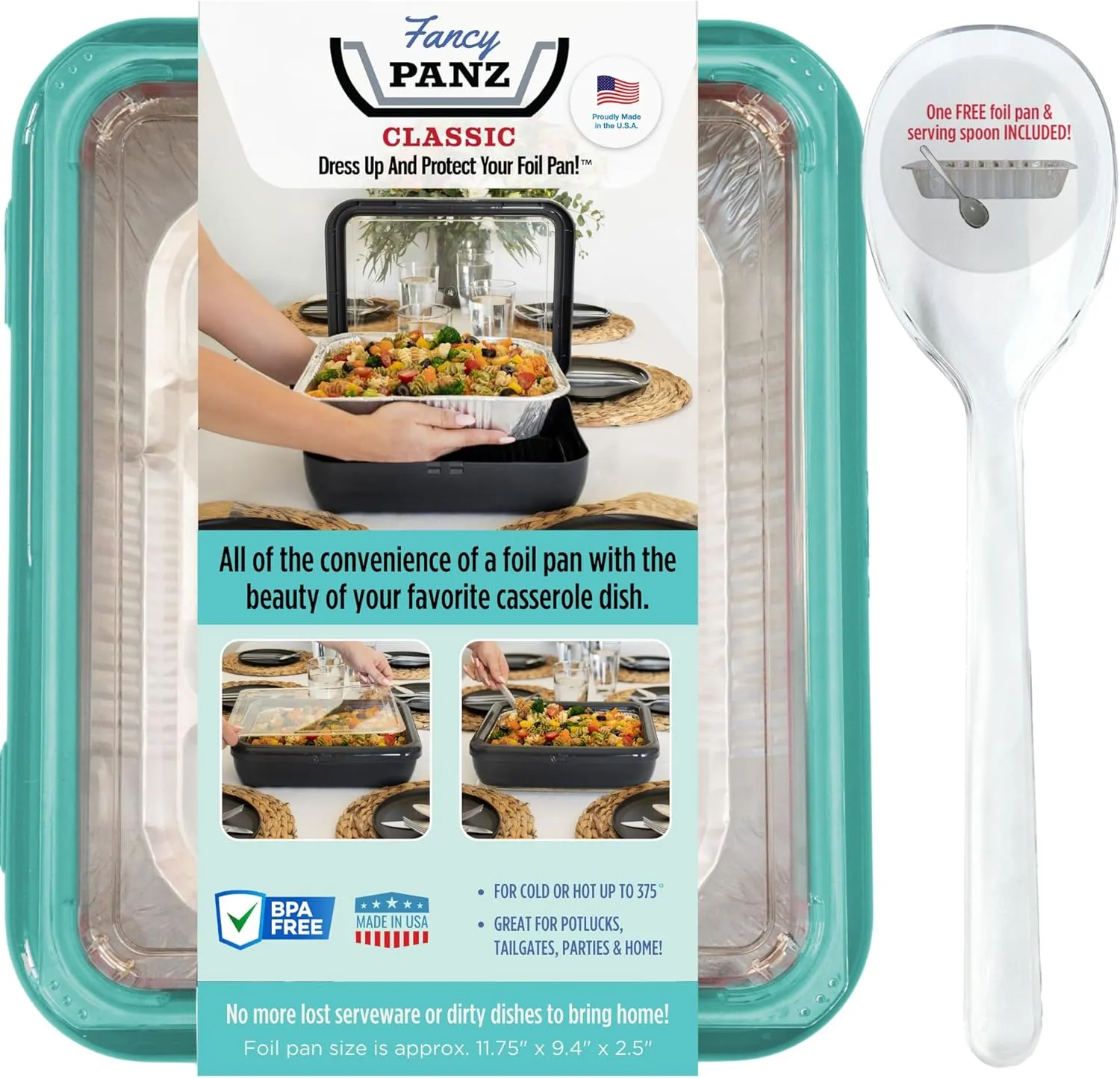 Fancy Panz Classic, Serving Tray for Food, Made in the USA Foil Pan Carrier, Stackable Aluminum Pan Holders with Clear Lid, Travel Casserole Carrier With 1 Disposable Foil Pan & Serving Spoon, Aqua