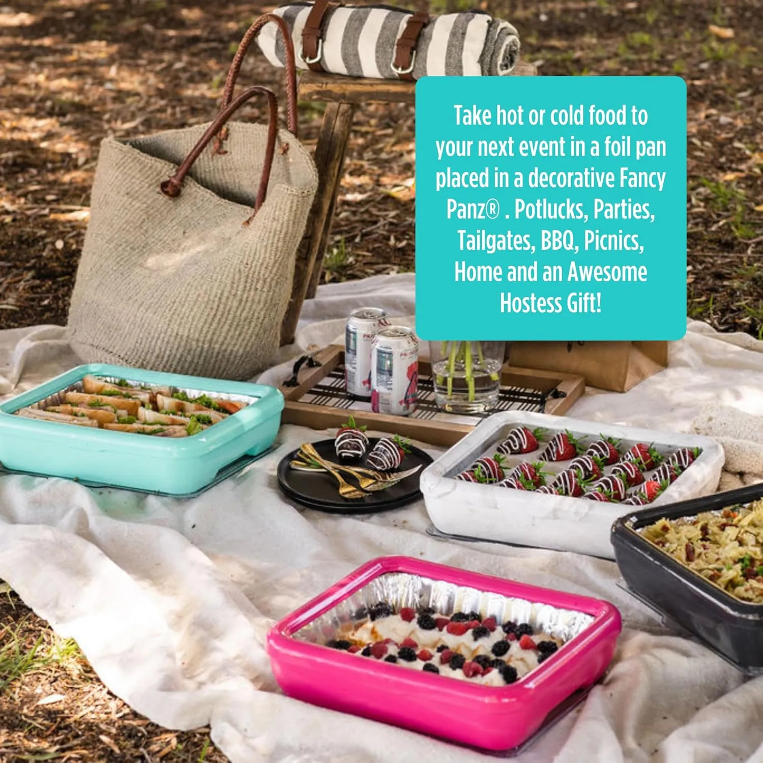 Fancy Panz Classic, Serving Tray for Food, Made in the USA Foil Pan Carrier, Stackable Aluminum Pan Holders with Clear Lid, Travel Casserole Carrier With 1 Disposable Foil Pan & Serving Spoon, Aqua