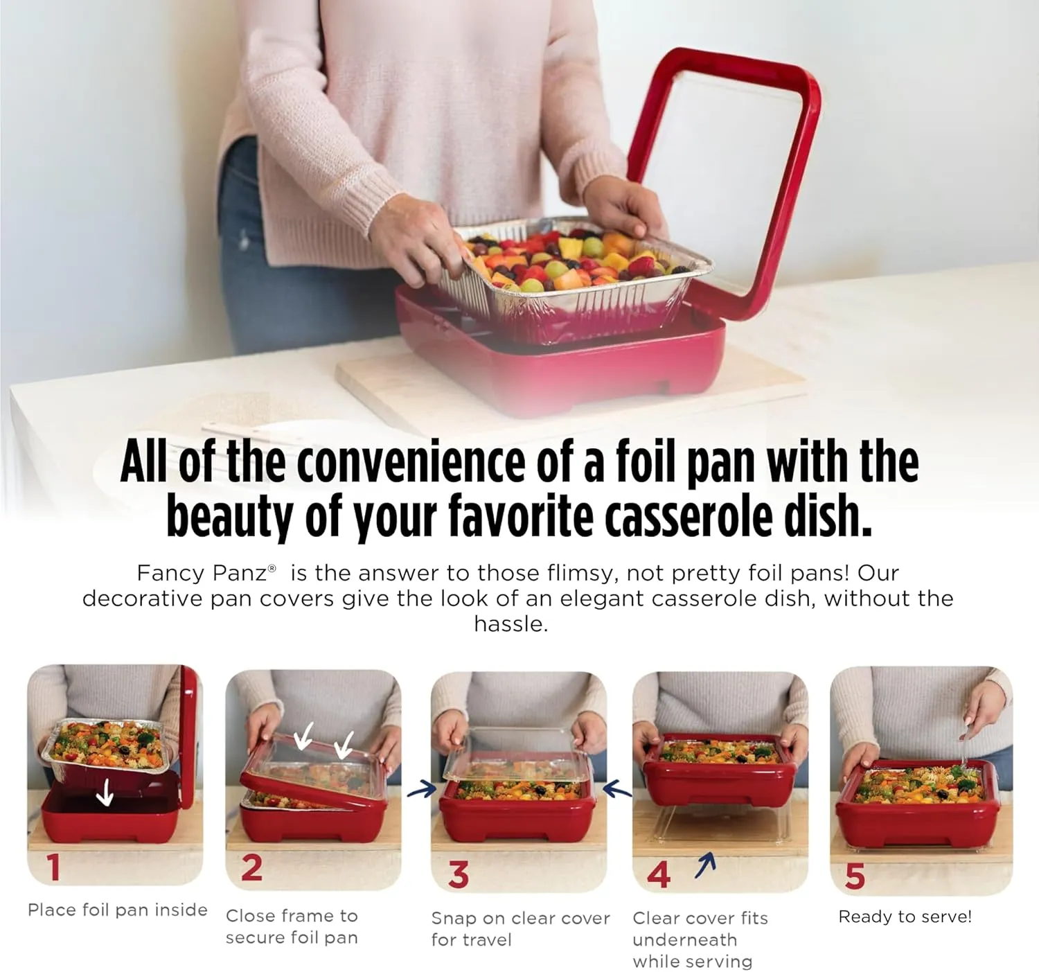 Fancy Panz Classic, Serving Tray for Food, Made in the USA Foil Pan Carrier, Stackable Aluminum Pan Holders with Clear Lid, Travel Casserole Carrier With 1 Disposable Foil Pan & Serving Spoon, Aqua