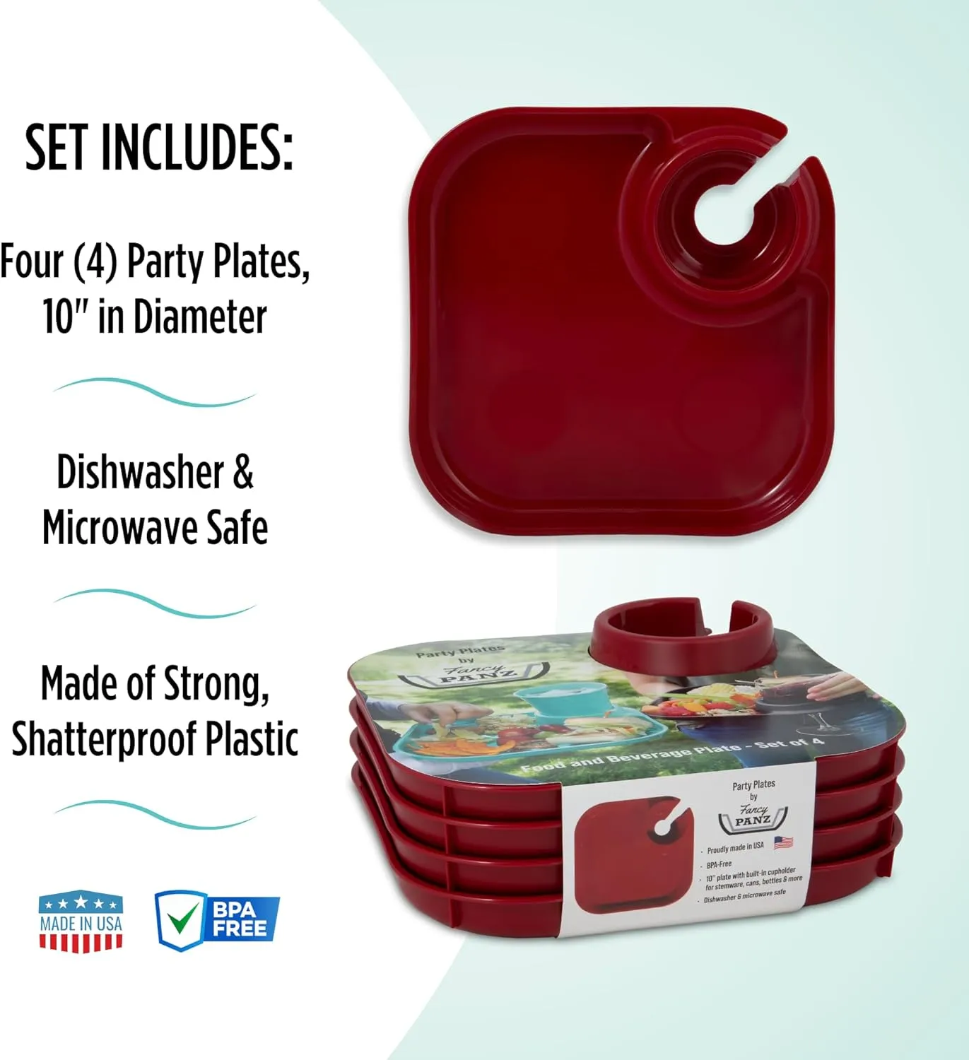 Fancy Panz Party Plates, Reusable Plates for Parties, Made in the USA Plastic Plate with Built In Cup Holder, Camping, Picnic Accessories, Pack of 4, White
