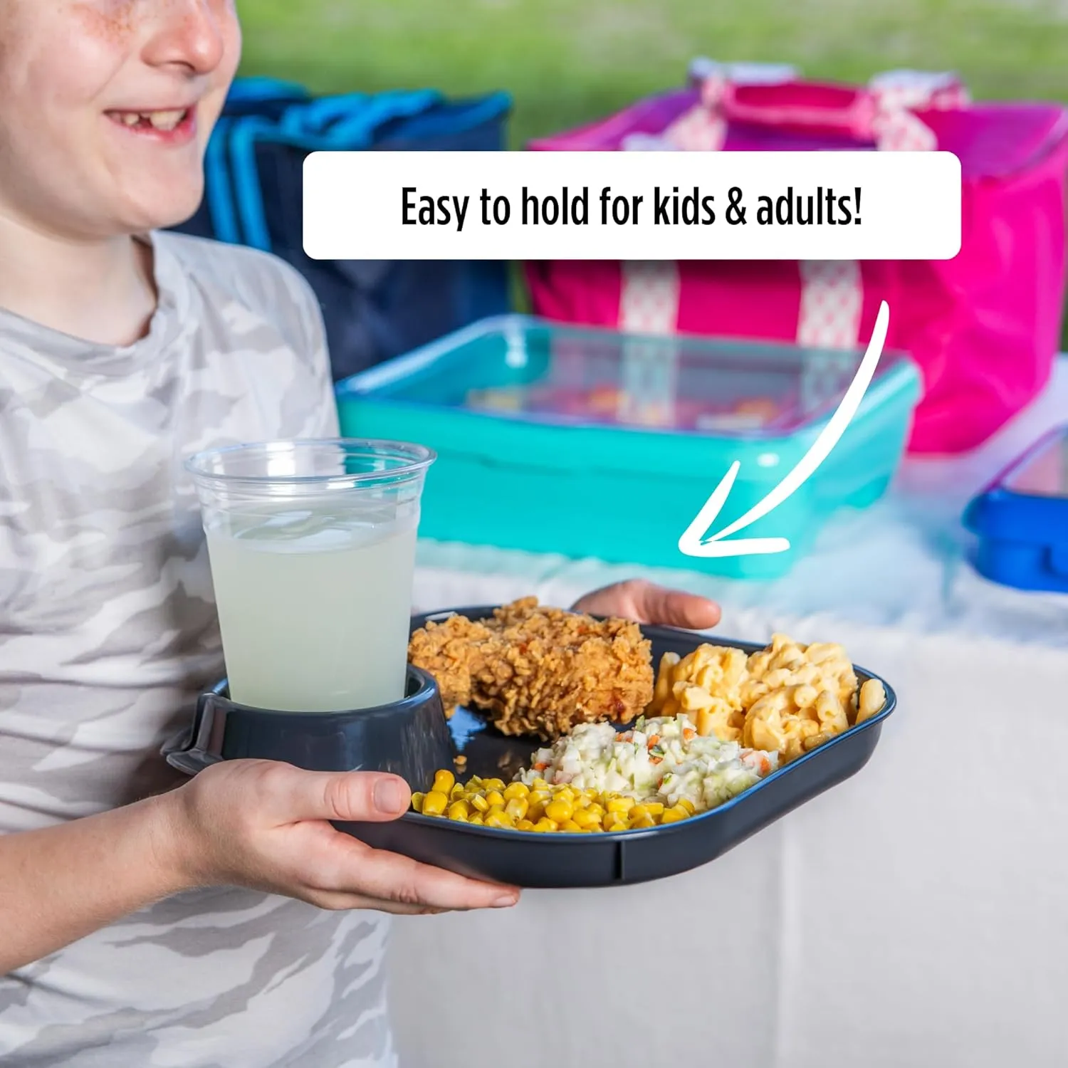 Fancy Panz Party Plates, Reusable Plates for Parties, Made in the USA Plastic Plate with Built In Cup Holder, Camping, Picnic Accessories, Pack of 4, White