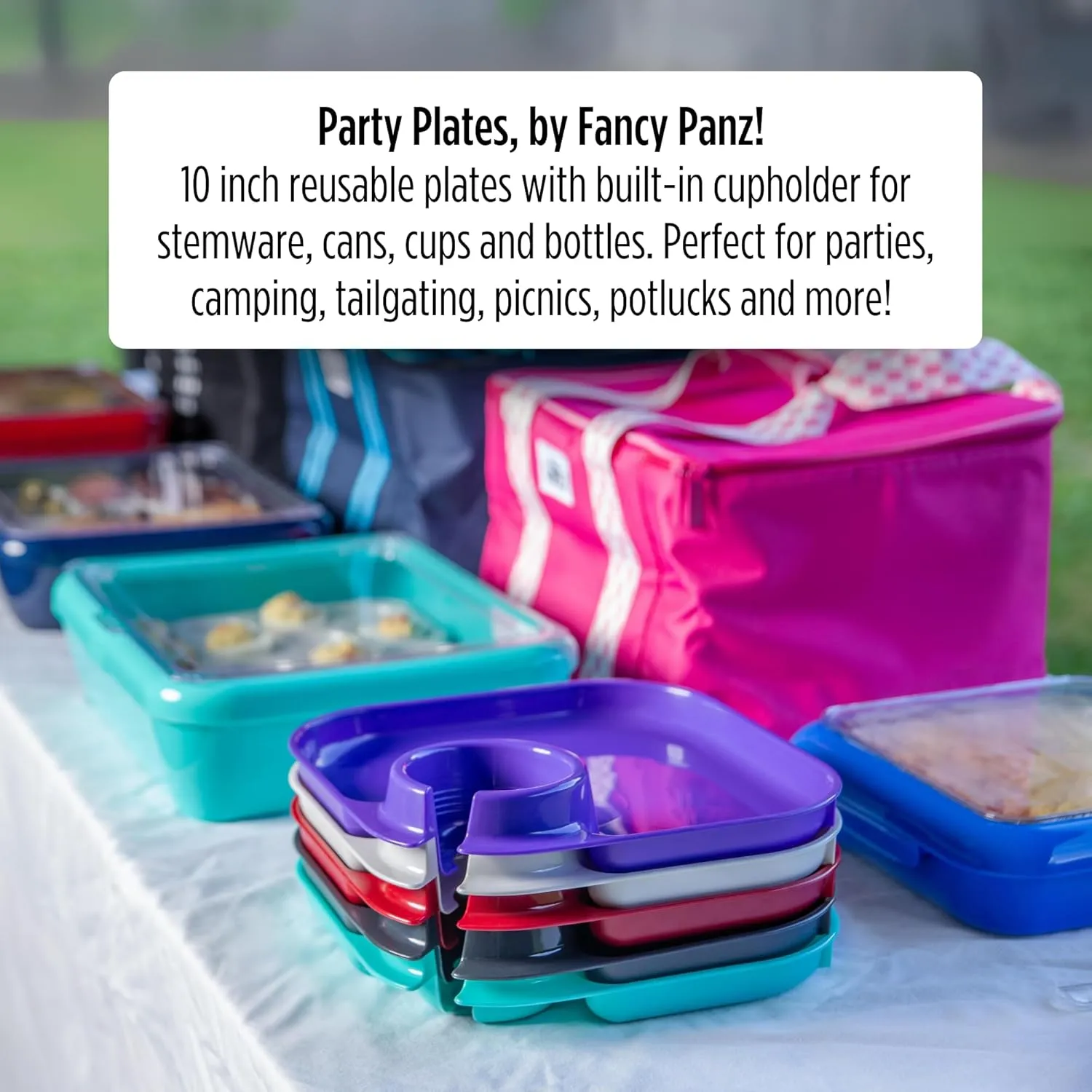 Fancy Panz Party Plates, Reusable Plates for Parties, Made in the USA Plastic Plate with Built In Cup Holder, Camping, Picnic Accessories, Pack of 4, White