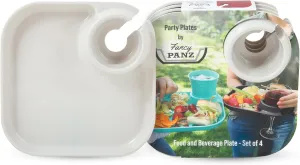 Fancy Panz Party Plates, Reusable Plates for Parties, Made in the USA Plastic Plate with Built In Cup Holder, Camping, Picnic Accessories, Pack of 4, White