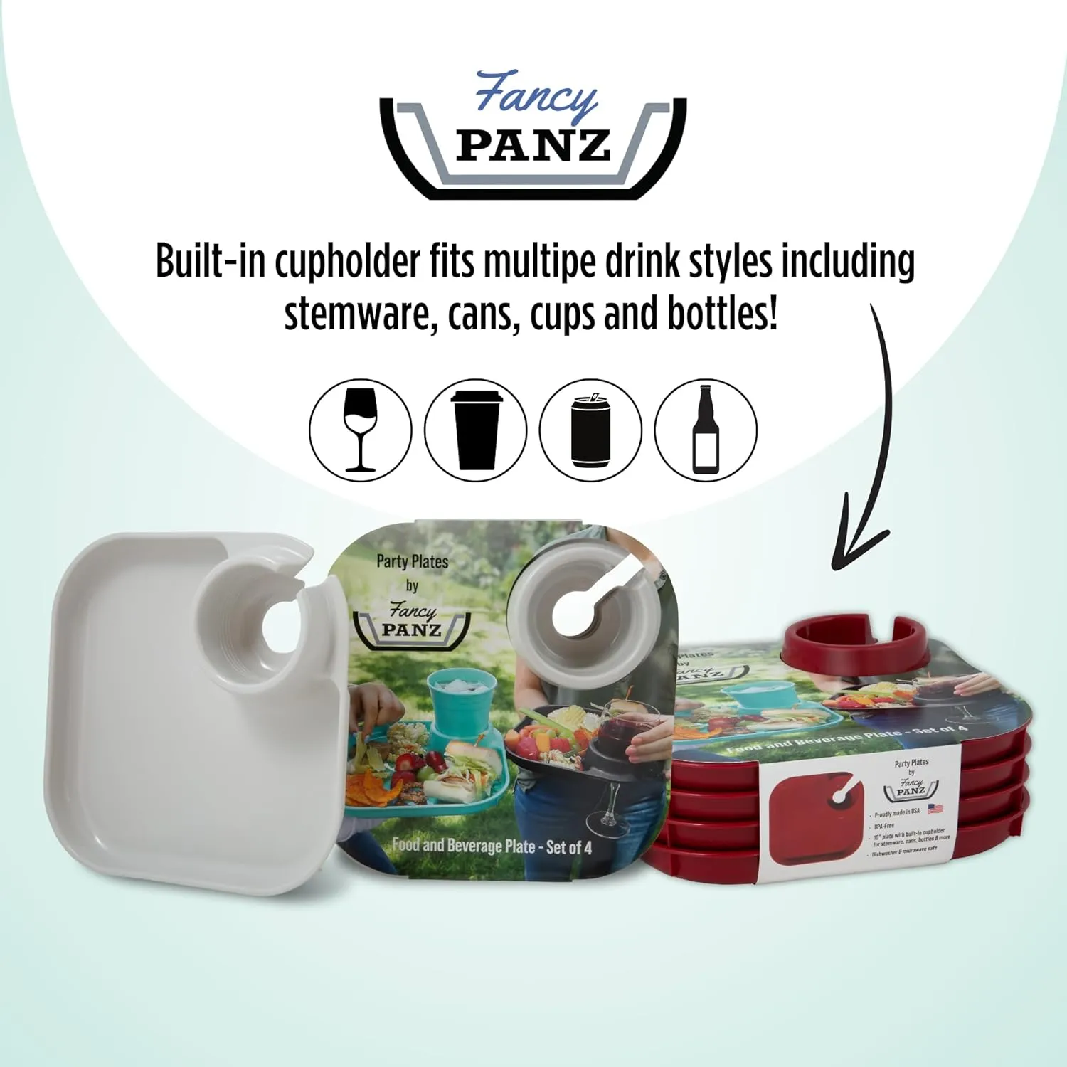 Fancy Panz Party Plates, Reusable Plates for Parties, Made in the USA Plastic Plate with Built In Cup Holder, Camping, Picnic Accessories, Pack of 4, White