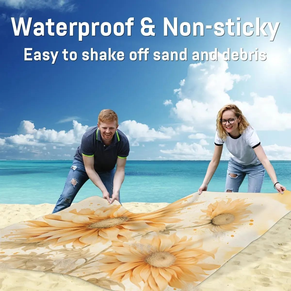 Farm Sunflower Beach Blanket, Sandproof Beach Mat, 68 x 59 Waterproof Quick Drying Sand Free Mat with 4 x Ground Spikes for Outdoor Travel Camping Hiking, Wild Flower
