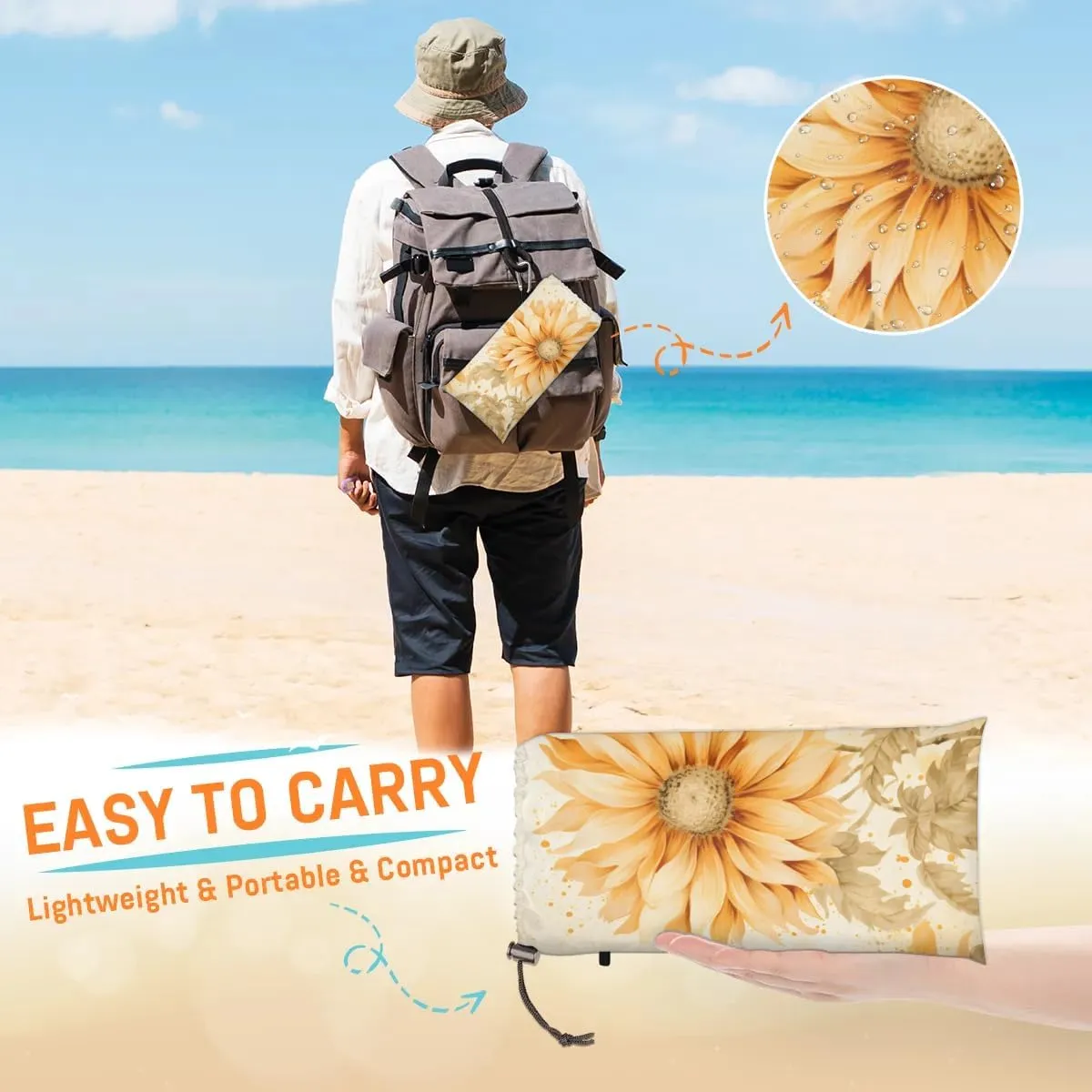 Farm Sunflower Beach Blanket, Sandproof Beach Mat, 68 x 59 Waterproof Quick Drying Sand Free Mat with 4 x Ground Spikes for Outdoor Travel Camping Hiking, Wild Flower
